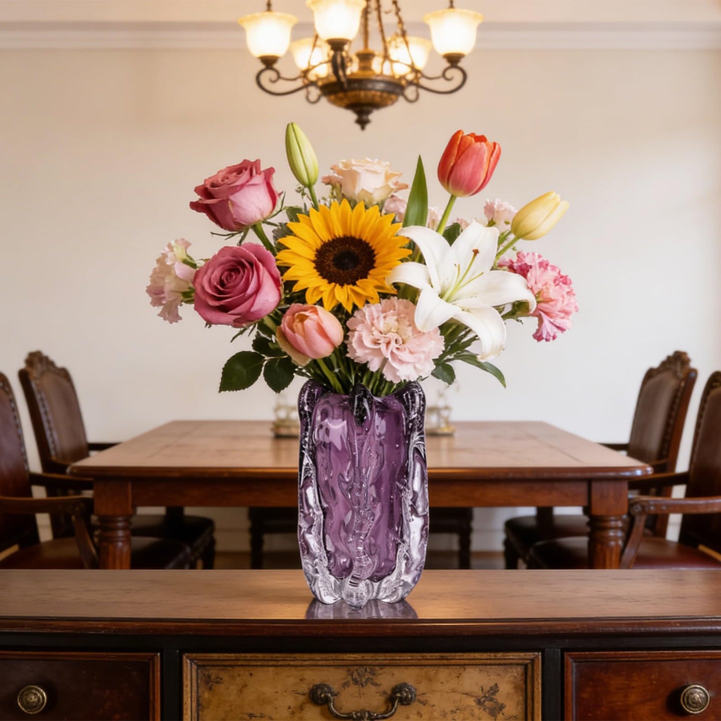 Hand-Blown Art Glass Vase, Modern Ripple Texture Decorative Vase (Purple), Unique Wide-Mouth Glass vase, Table Centerpiece for Home Office Wedding Living Room (Purple, L)