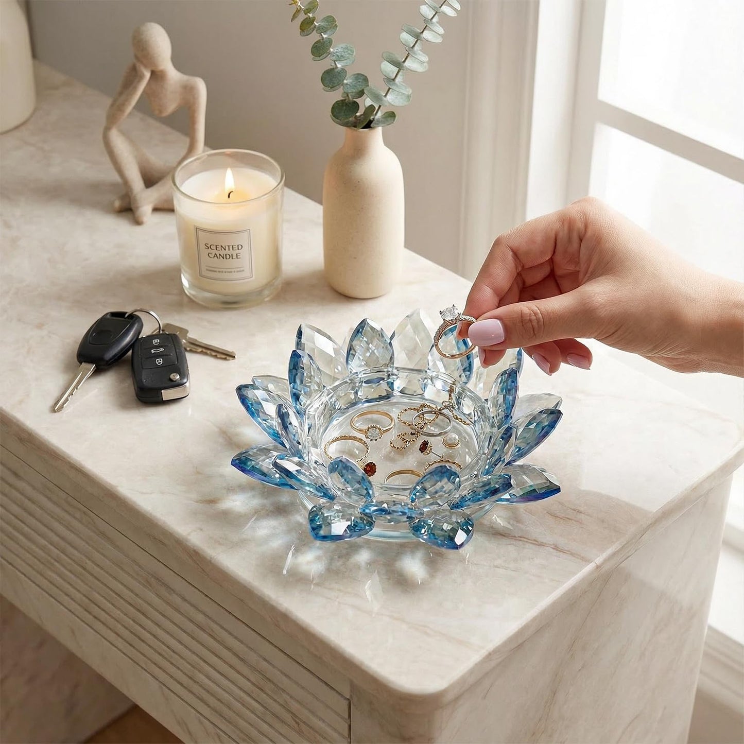 Crystal Flower Jewelry Tray, Luxury Transparent Decorative Trinket Dish for Rings, Earrings, Necklaces, Keys for Vanity Dresser Nightstand, Elegant Gift for Women Mother's Day (1, 6.3"(W)- Blue)