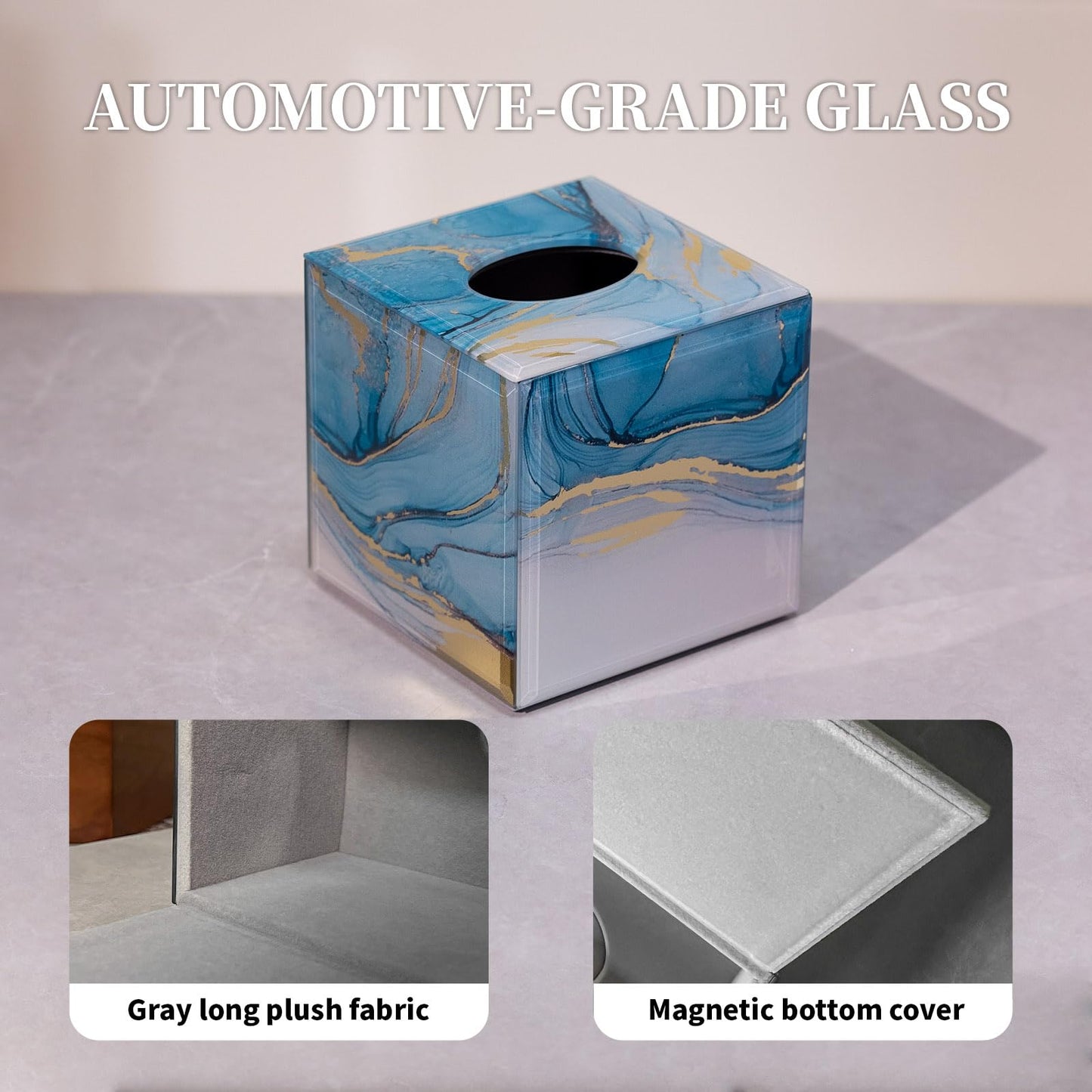 Timetrace Glass Tissue Box Cover Square-Marble Pattern Decorative Tissue Holder with Velvet Lining for Home Decor, Bedroom, Kitchen, Office (Blue & Gold)