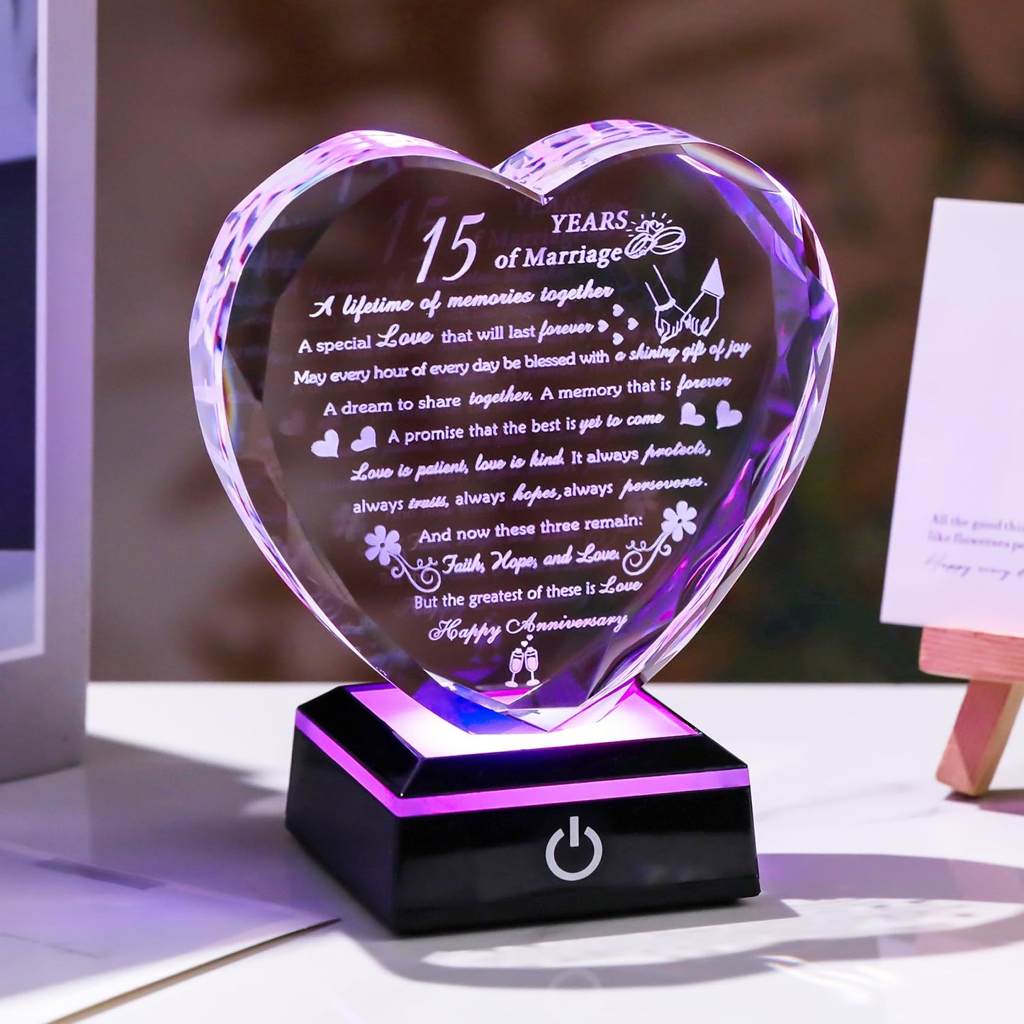 15th Wedding Anniversary Crystal Gifts for Couples with Colorful LED Base,Happy 15th Wedding Anniversary Keepsake Gifts for Her Him, Romantic 15 Years of Marriage Heart Gift for Wife Husband