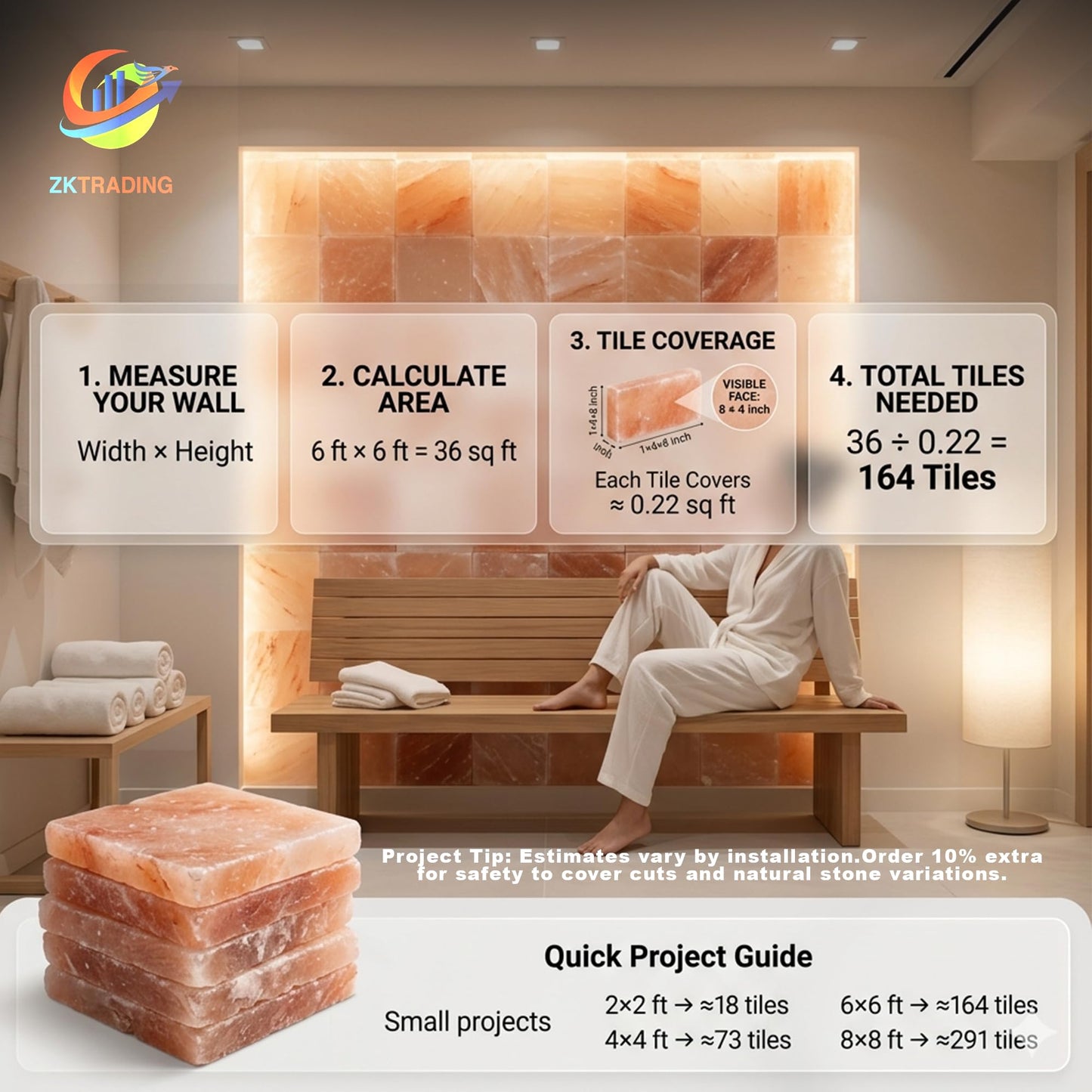 ZK Pack of 10 Himalayan Salt Tiles 8” x 4” x 1” for Sauna Backlit Salt Walls- Natural Pink Salt Bricks for Spa & Wellness Room Décor, DIY Salt Block Installation