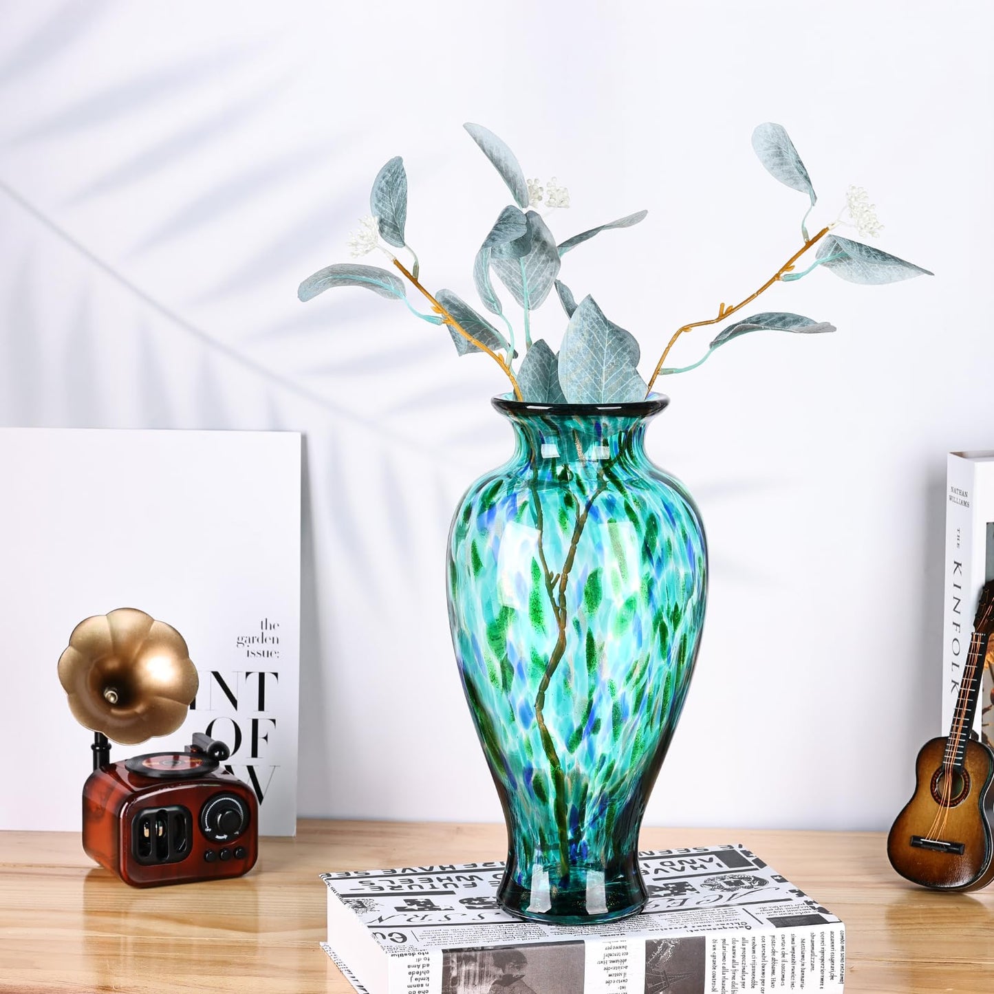 Hand Blown Glass Vase, Medium Wide Mouth Flower Vase Unique Modern Turquoise Glass Art Decor, Nonbreakable Vases for Table Centerpieces Living Room De