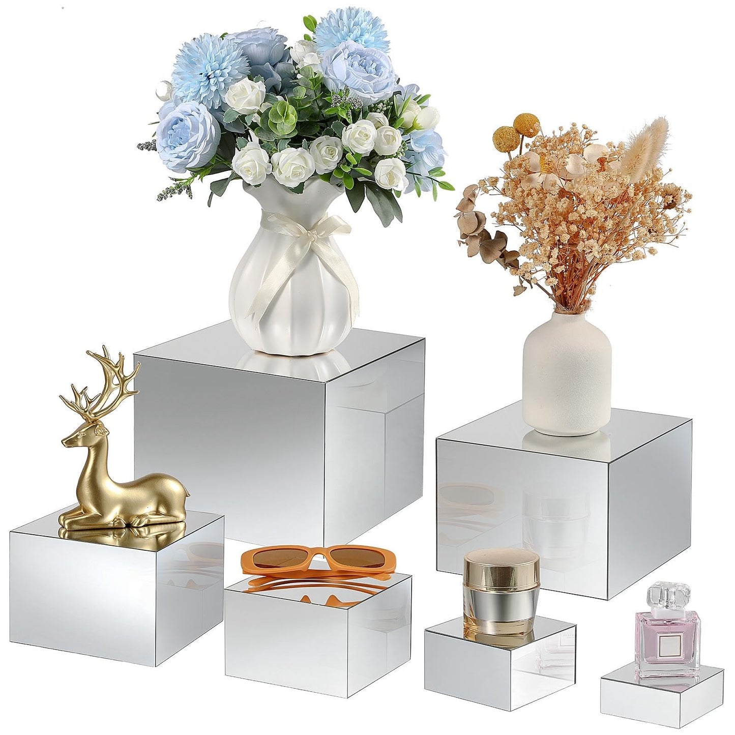 Geelin 6 Pack Acrylic Risers for Display Acrylic Cube Boxes Risers Display Stands with Hollow Bottoms Decorative Stand for Jewelry Candy Table Decor 6 Sizes(Silver,3 to 8 Inch,Square)