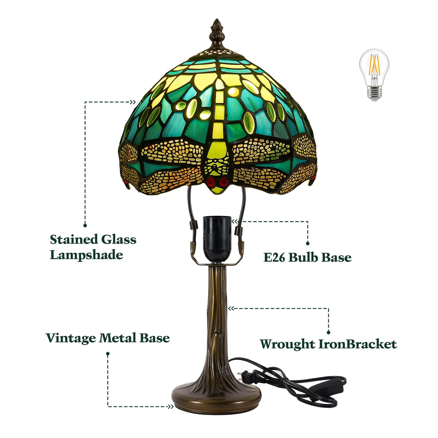 Rynxphera Tiffany Table Lamp, 8 in Small Stained Glass Dragonfly Table Lamp