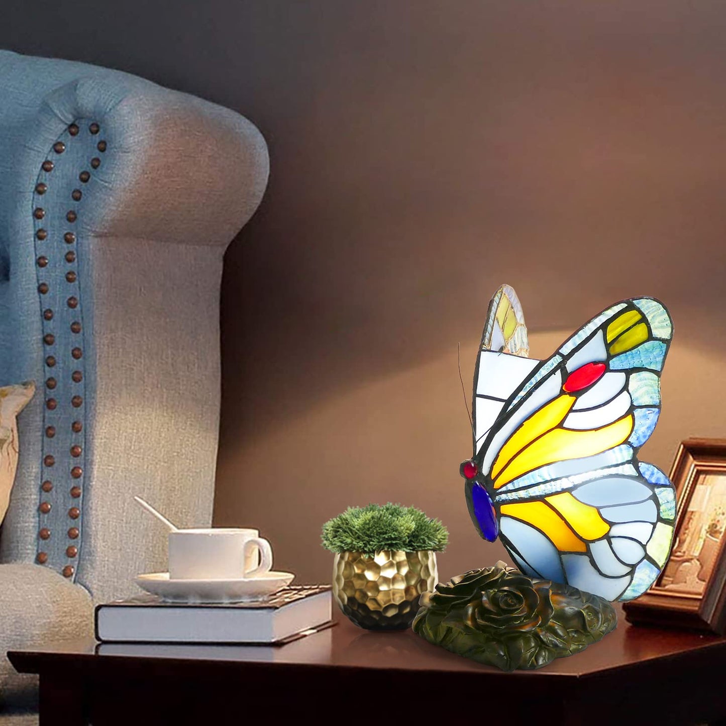 JGWSWQ Butterfly Tiffany Table Lamp, Stained Glass Vintage Night Light