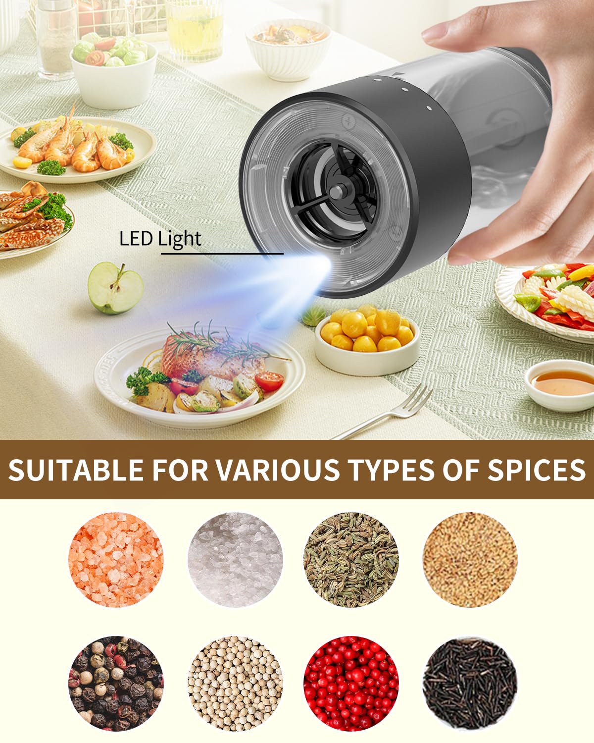 CIRCLE JOY Electric Salt and Pepper Grinder Set Rechargeable Salt and Pepper Mills with 6-Level External Adjustable Coarseness, White LED Light and Storage Base, Black & White