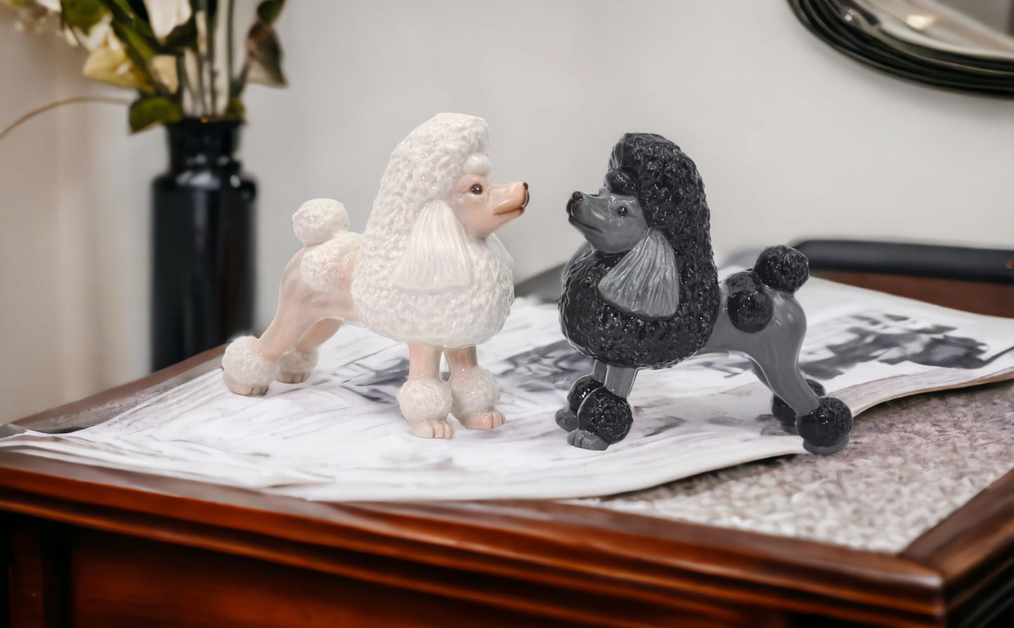 Fine Porcelain Black and White Poodle Dogs Salt & Pepper Shakers Set, 3-7/8" H