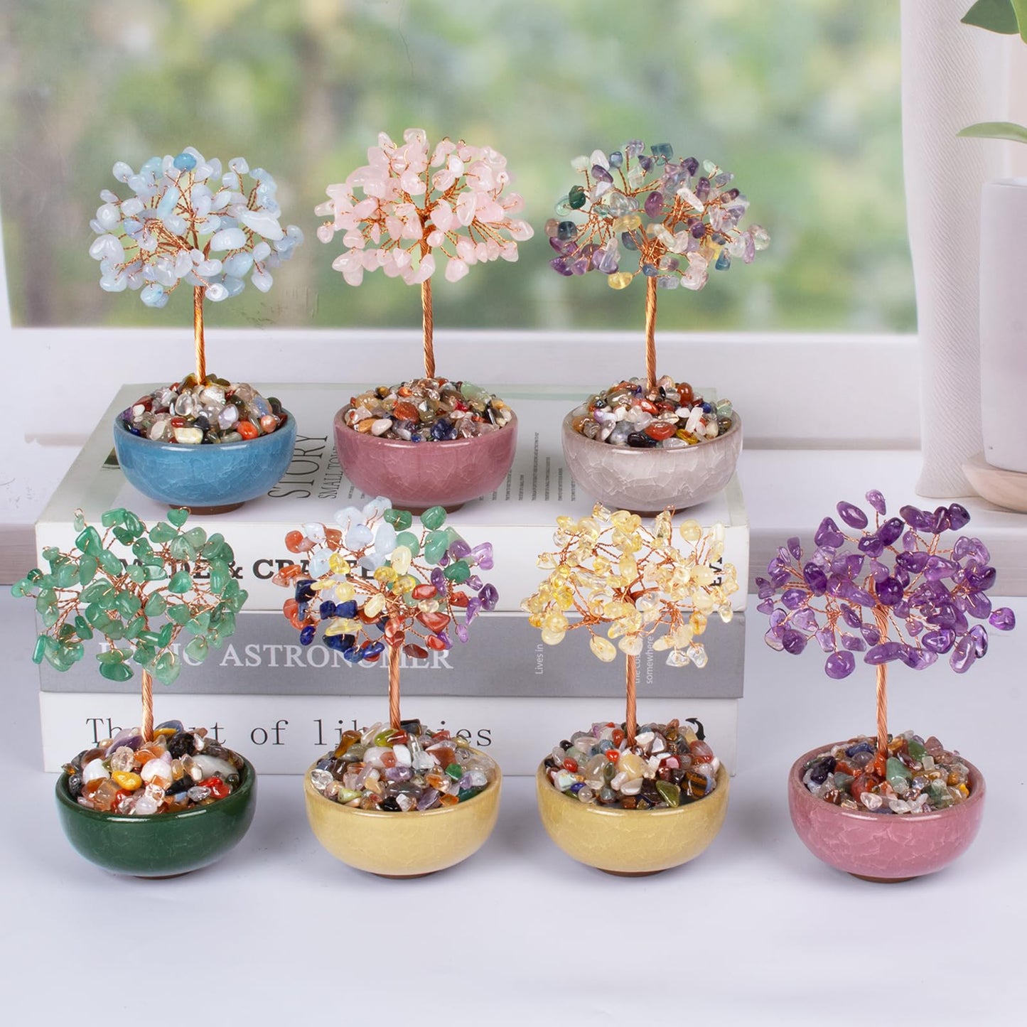 Aquamarine Crystal Tree of Life with Ceramic Bowl Base, 5 Inch Feng Shui Money Tree for Wealth & Prosperity, Bonsai Tree for Home Office Desk Decor, Spiritual Reiki Healing Gift