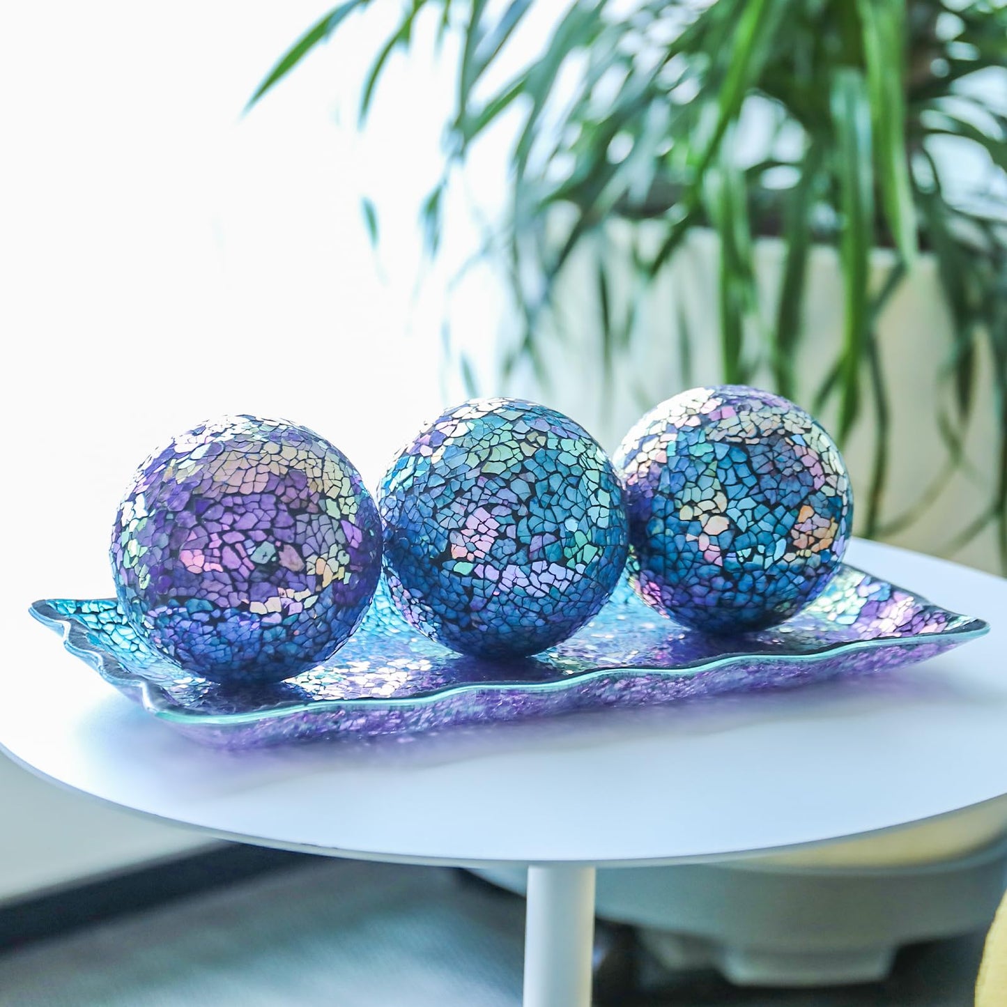 Afirst Decorative Ball and Glass Bowl - 4 Inch Mosaic Sphere Centerpiece Table Decorations with Tray for Coffee Table Decor, Living Room,Dining Table,Party,Wedding Decor