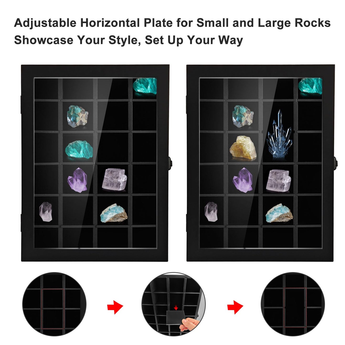Adjustable Rock Display Case with Acrylic Doors, Wall-Mountable Cabinet with Removable Shelves for Small and Large Rocks, Showcase for Rock and Mineral Collectors