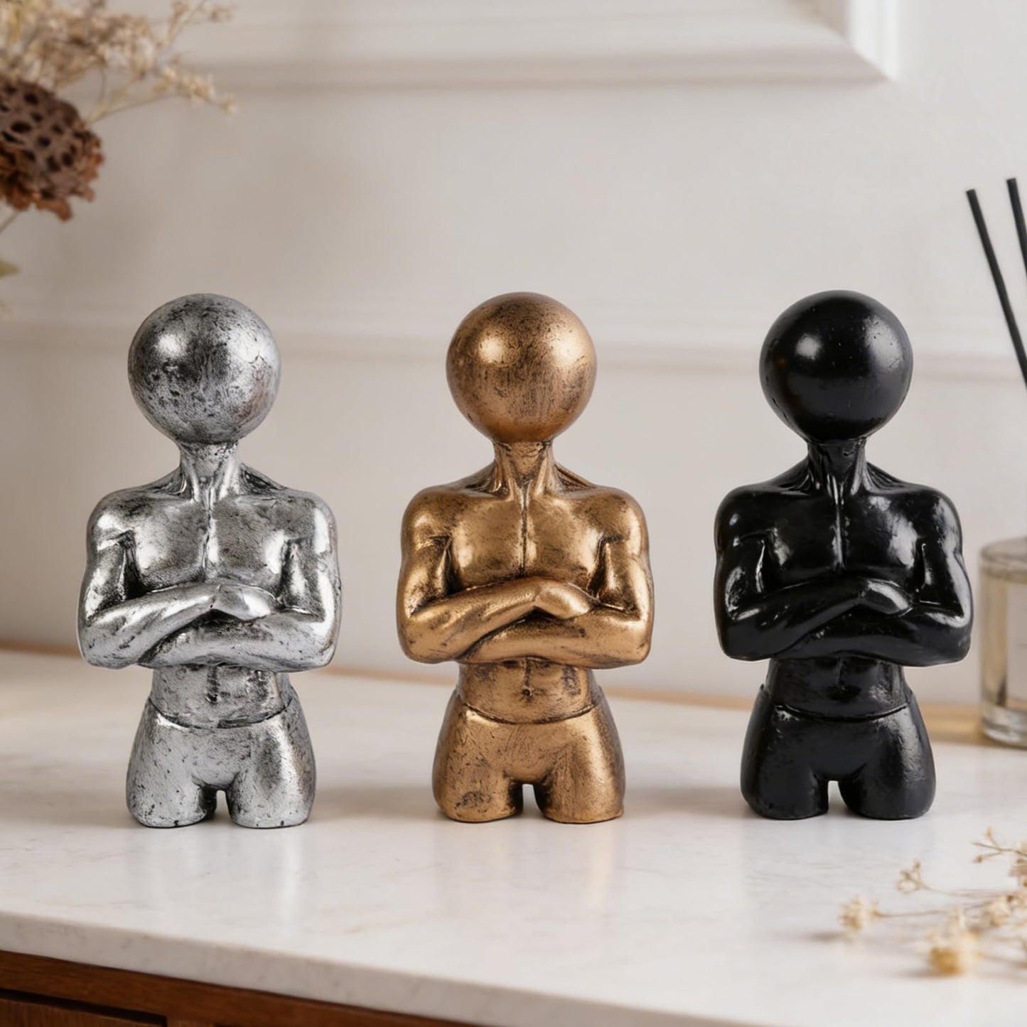 Brizoria Sculptures Unique Home Decor Abstract Male Bust Statue Crossed Arms Resin Tabletop Shelf Accent in Silver Bronze Black for Office Living Room Home Gym, Gold