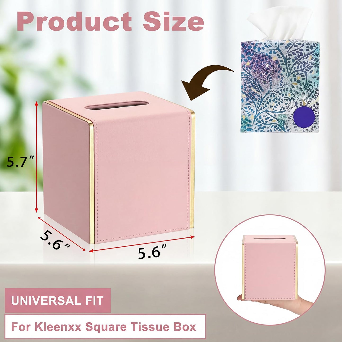 Sumnacon PU Square Tissue Box Cover, Magnetic Bottom, Waterproof, Pink