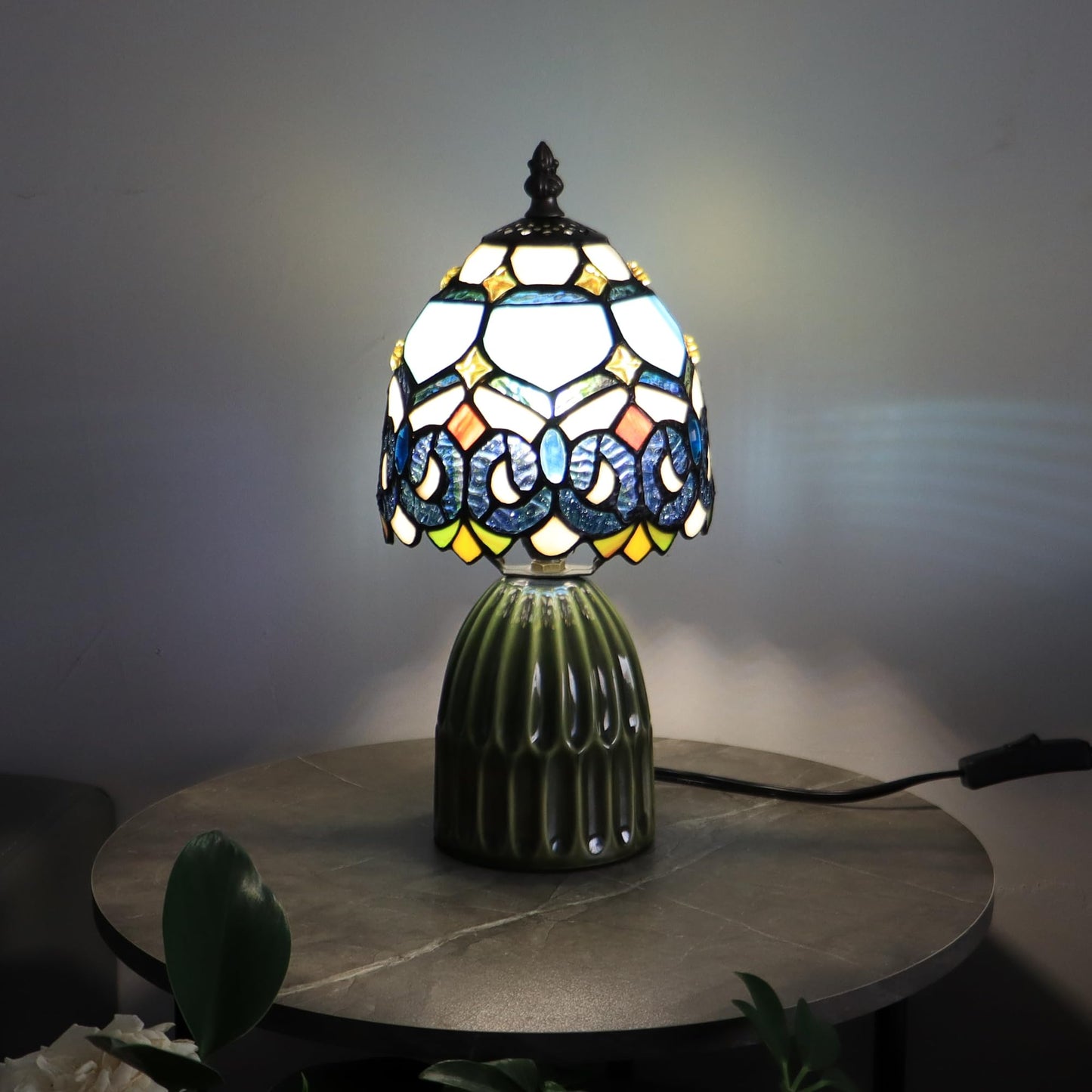 HTDSC Tiffany Stained Glass Table Lamp Blue Crystal Baroque 12.5 Inch