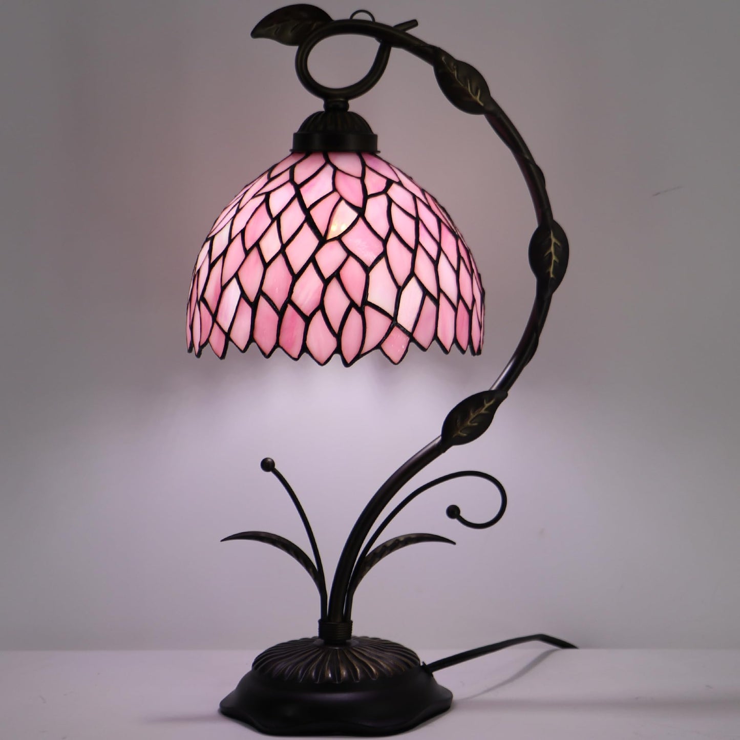 LXHCYOU Tiffany Table Lamp, Stained Glass Desk Reading Light, 8X10X19 Inches, Metal Leaf Base (Pink Wisteria)