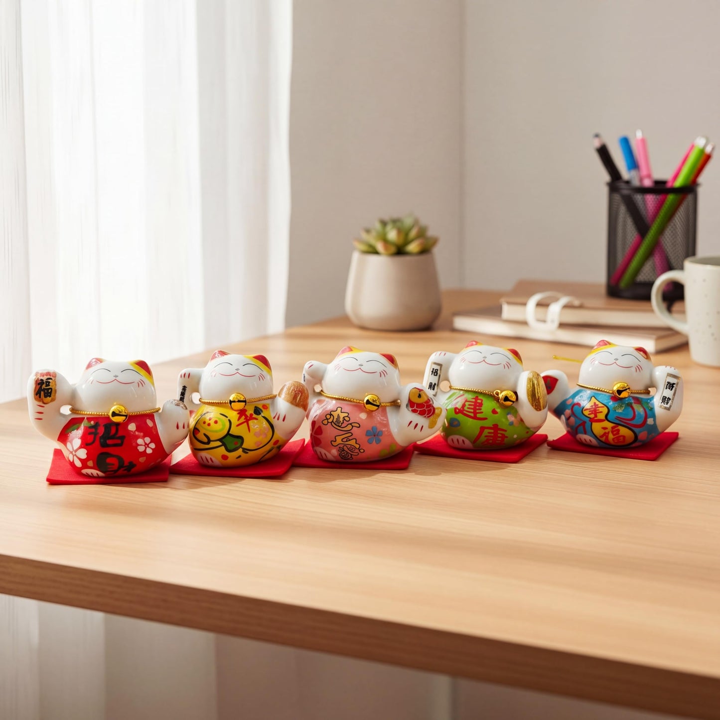 HANTHES Lucky Cat Figurines Set of 5 Mini Maneki Neko Small Cat Figurines 2 Inch Ceramic Beckoning Cat Statues Japanese Fortune Cat Decor for Home Desk Shelf Collection Gift with PVC Box