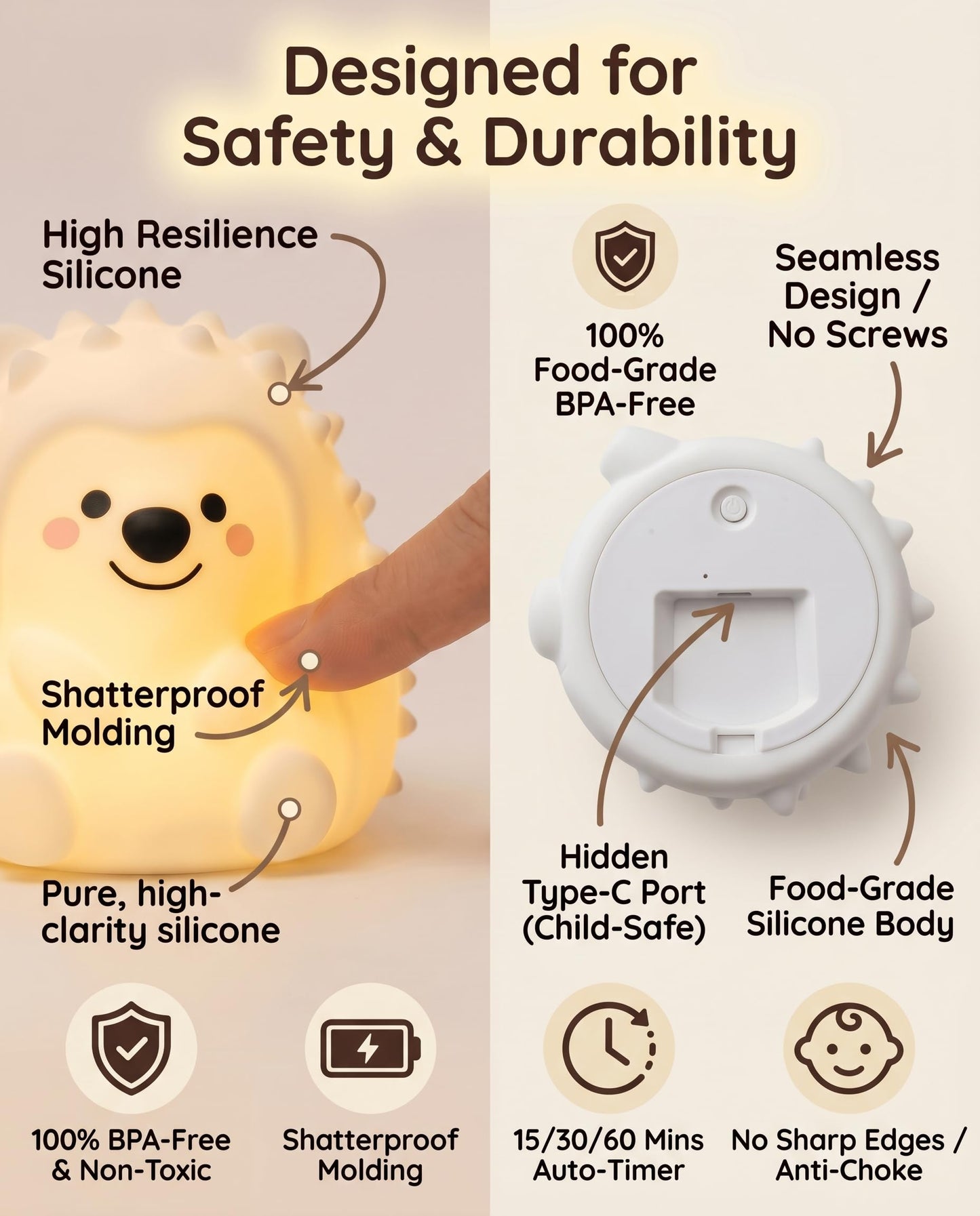 Hklynvia22 Hedgehog Night Light for Kids, 15/30/60 Min Timer Squishy Silicone Lamp, Touch/Remote 8-Color BPA-Free Rechargeable Night Light for Baby Nursery, Breastfeeding Bedside Sleep Buddy Gift