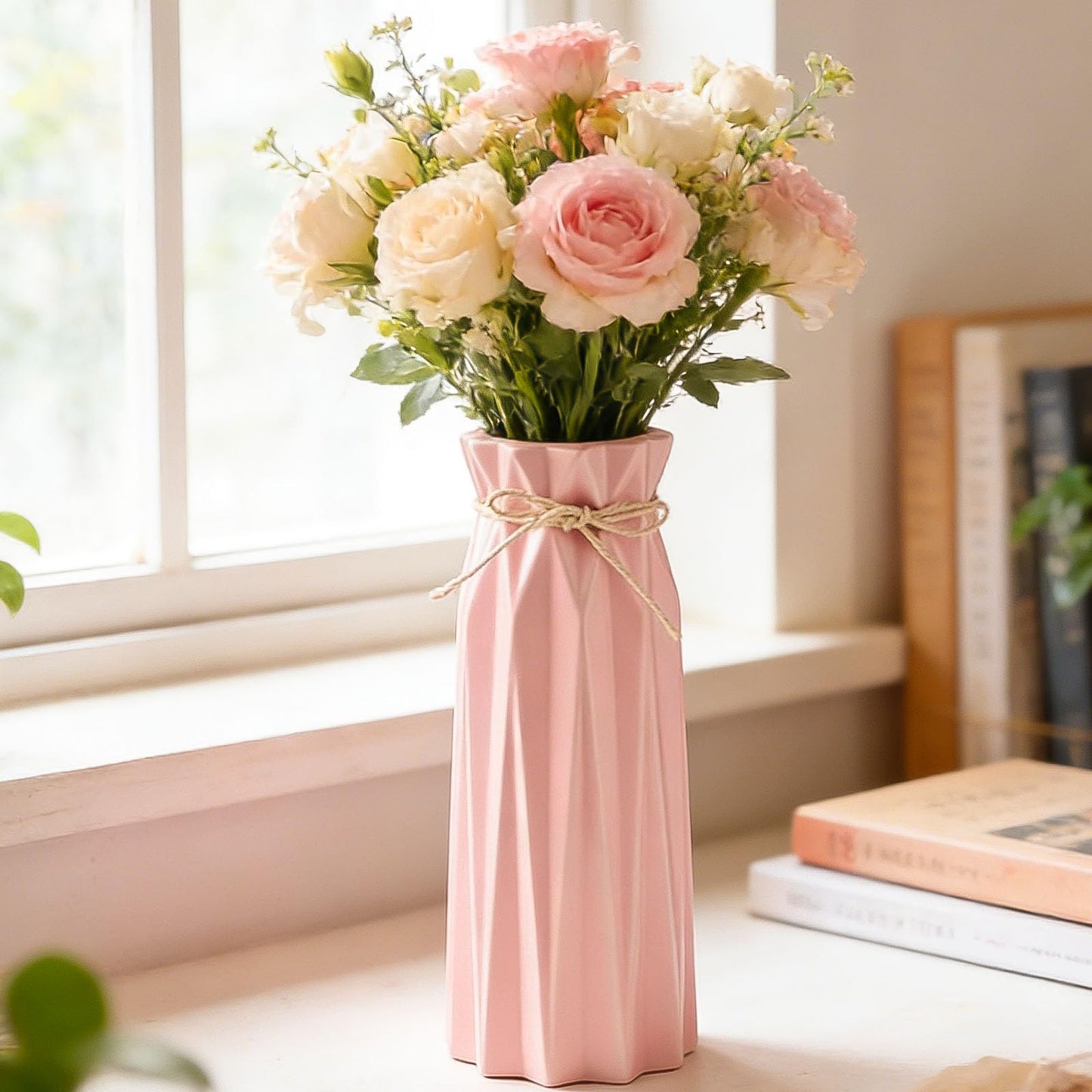 Busnos Pink 9.5inch Tall Ceramic Flower Vase Home Decor Living Room Bedroom Kitchen Office Coffee Table Room Vase Decor Cute House Warming Gifts Centerpieces for Tables Dining Room Table Decoration