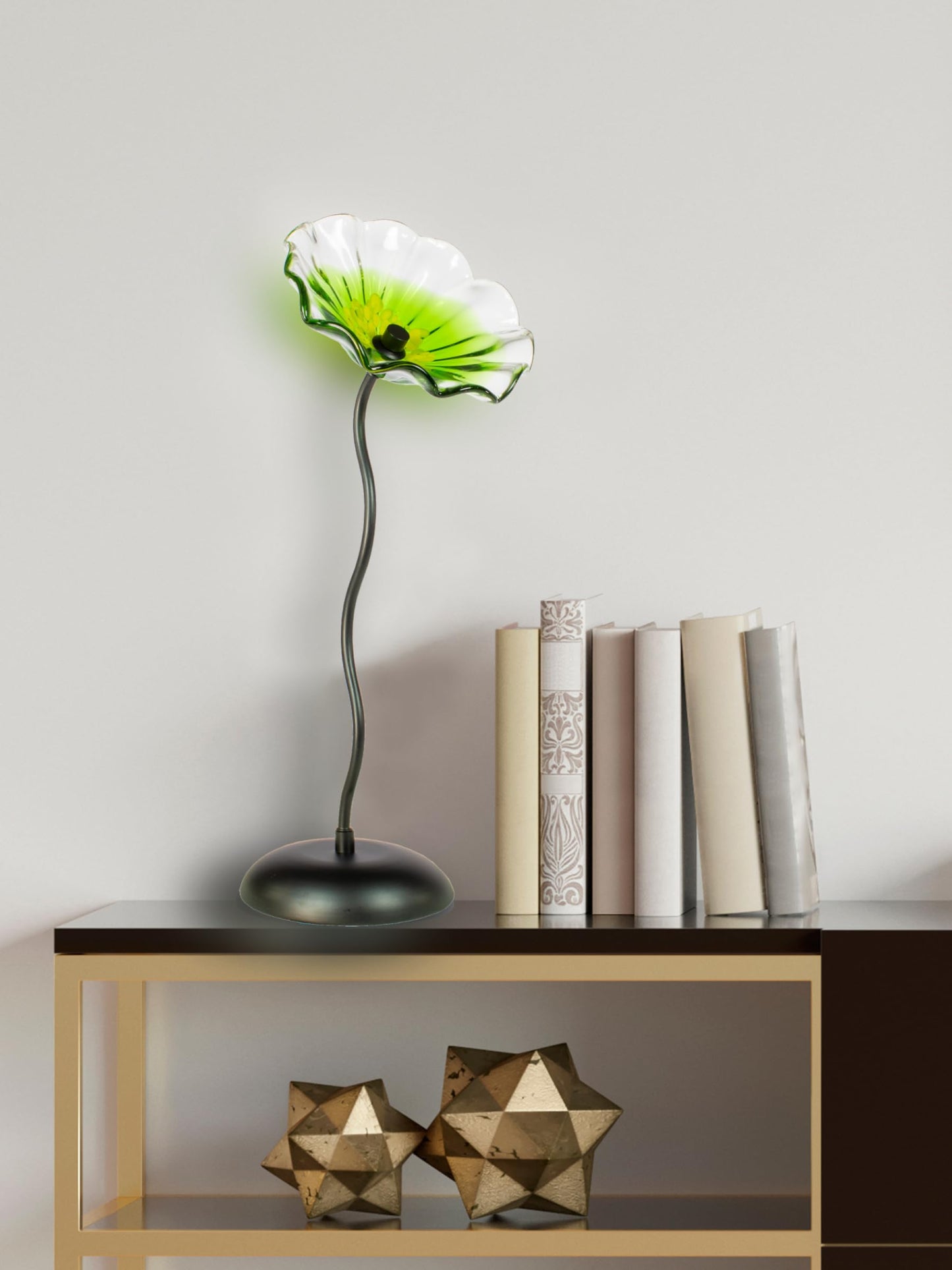 Dale Tiffany AS24043-D9 Bloom Hand Blown Glass Flower Art Glass Sculpture with Metal Stand for Indoor Garden Patio Decoration, Green, 9" Diameter 23" Tall