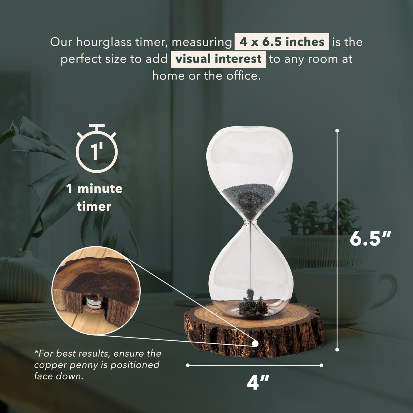 Blackswan Magnetic Hourglass Sand Timer | Natural Live Edge Walnut Wood Magnet Base Hour Glass with Iron Dust Shavings | 1 Minute Functional Fun Retro Clock Watch for Office, Home Decor | 4" x 6.5"