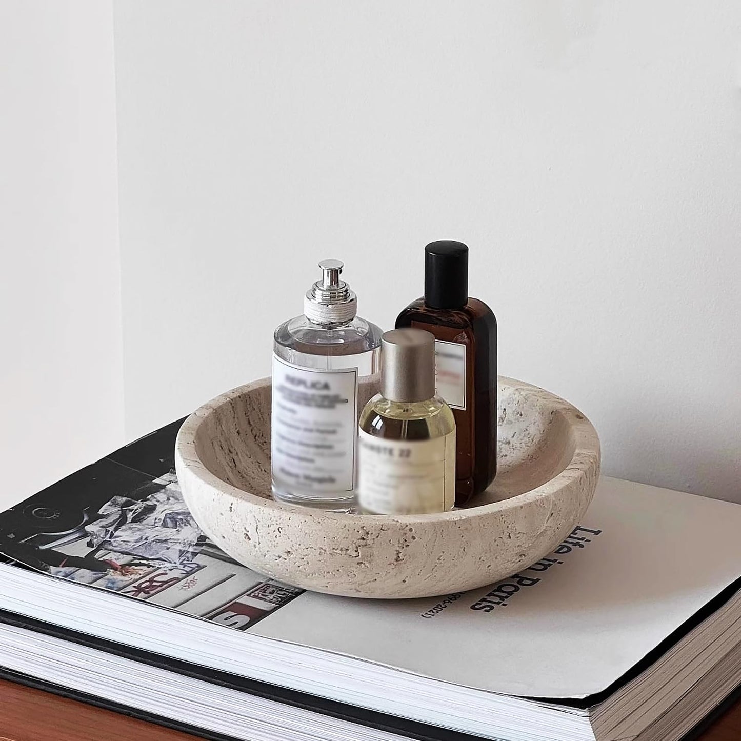 YeasHome Beige Travertine Decorative Bowl, 7.8" Diameter x 2" Height, Handmade, Perfect for Entryway Key Bowl, Fruit, Kitchen Counter, Dining Table Centerpiece, Office Decor & Coffee Table