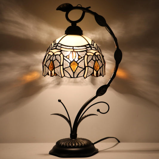 HZYFFYU Tiffany Lamp Stained Glass Table Lamp Metal Leaf Base 8X10X19 Inch Reading Desk Light (Crystal Style)