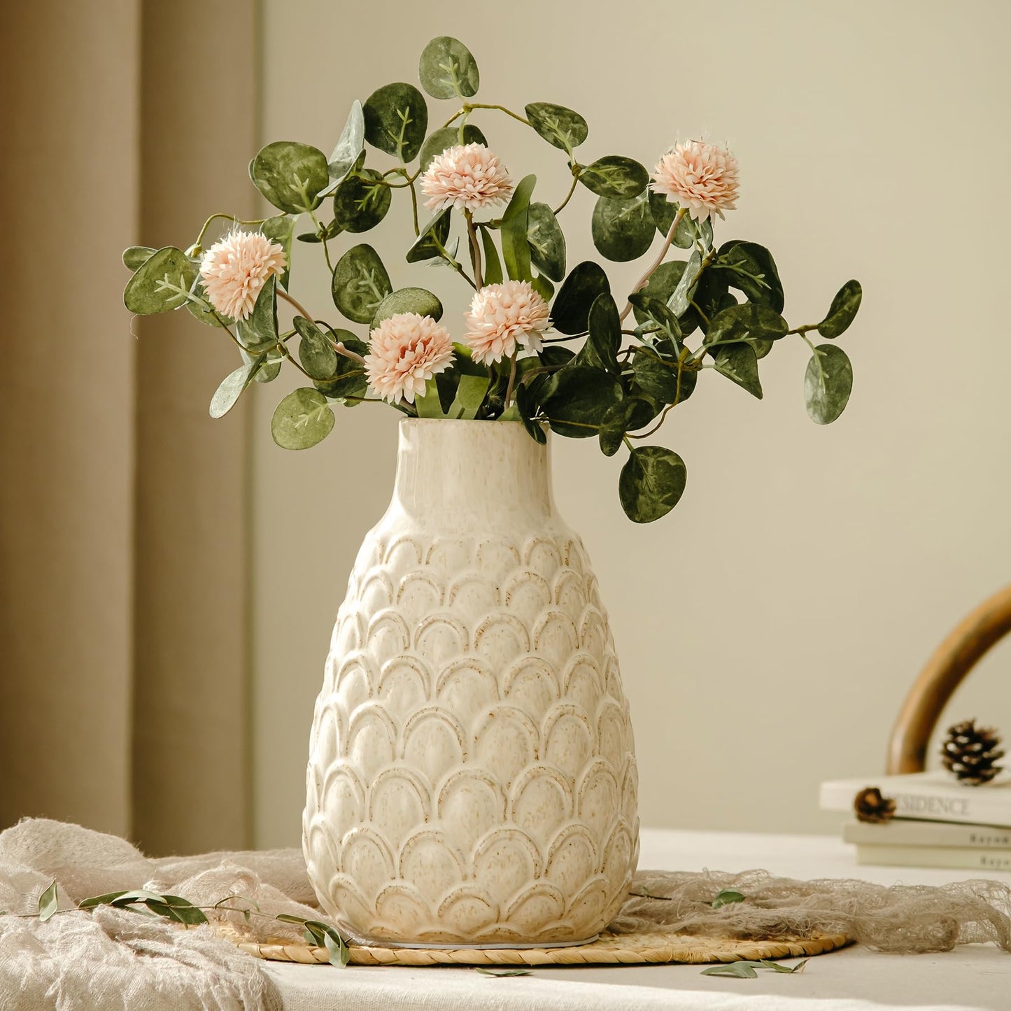 Ceramic Flower Vase, 9.06” Rustic Farmhouse Decorative Vase for Home Decor, Beige Textured Pottery Vase for Pampas Grass, Living Room, Entryway, Mantel, Kitchen Table, Centerpiece