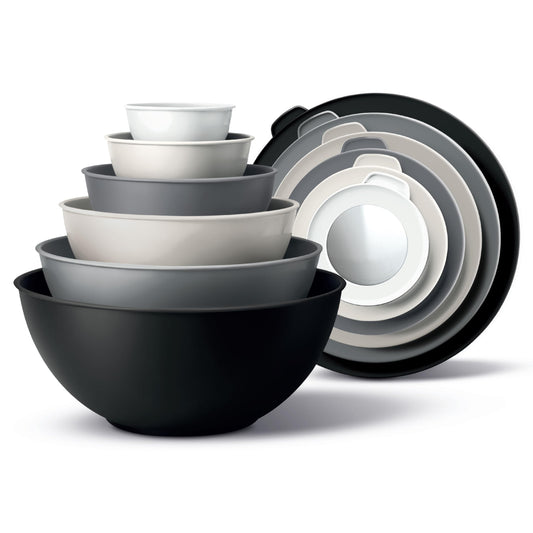 COOK WITH COLOR Mixing Bowls with TPR Lids - 12 Piece Plastic Nesting Set includes 6 Prep and Lids, Microwave Safe Bowl (Black Ombre)