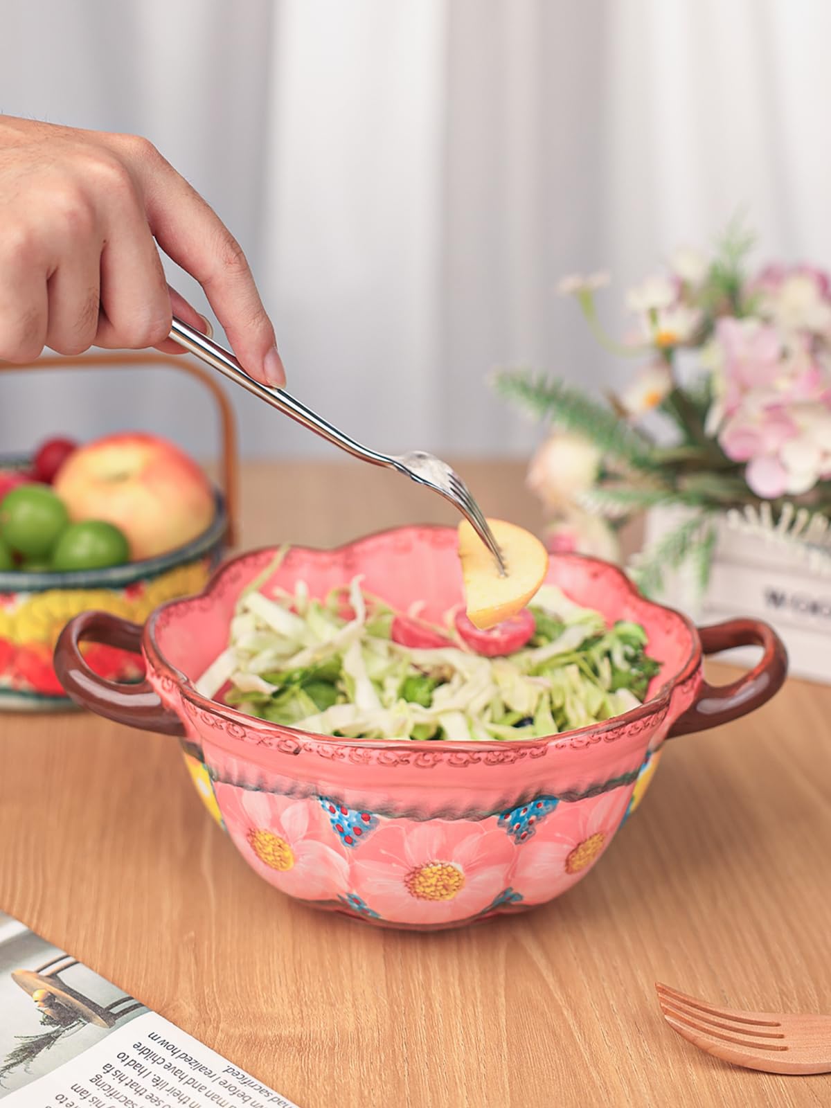 silesia Handmade Salad Bowls with Handles, 45 oz Hand-Painted Serving Bowl, Large Ceramic Crocks for Soup, Pasta, Stew, Microwave & Dishwasher Safe, Kitchen Decor Gift (Glazed Pink)