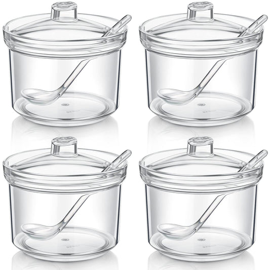 Patelai 4 Pieces Sugar Bowl Acrylic Clear Sugar Bowl with Lid and Salt Spoon Storage Jar with Airtight Lid for Salt, Tea, Spices, Herbs, Condiments(13 oz)