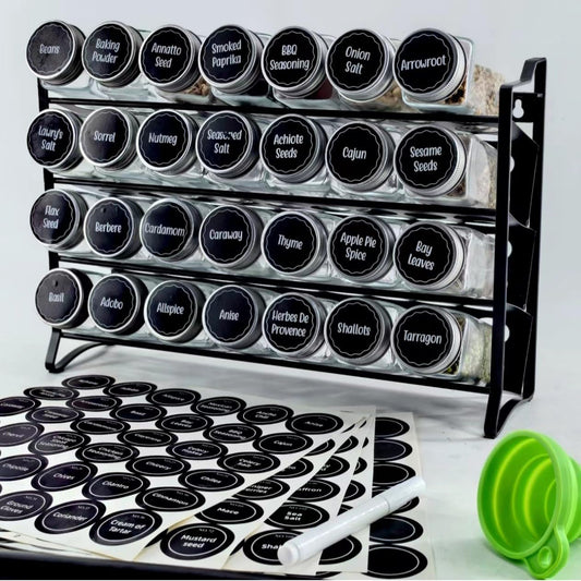 4-Layer Spice Jar Rack Organizer with 28 Glass Bottles – Includes Label Stickers, Funnel & Screws – Space-Saving Kitchen Storage for Spices, Herbs & Seasonings – Durable, Stylish & Easy to Install