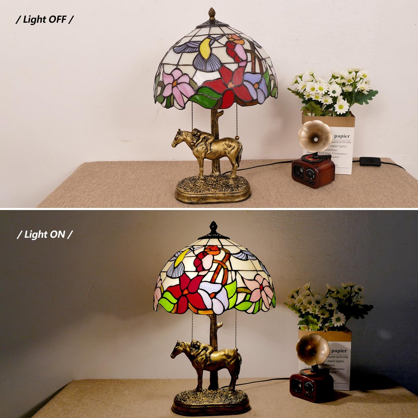 JGWSQ Hummingbird Tiffany Table Lamp, Flower Stained Glass 2-Light Lamp