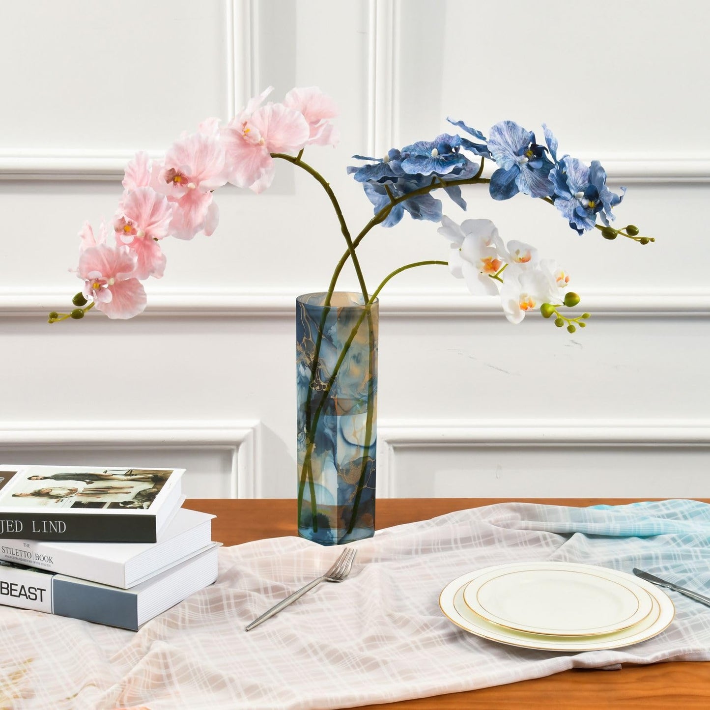 ALAZA Blue & Gold Marble Art Flower Vase Decorative Floreros for Home Decor Bedroom Living Room Office Table Shelf Bathroom