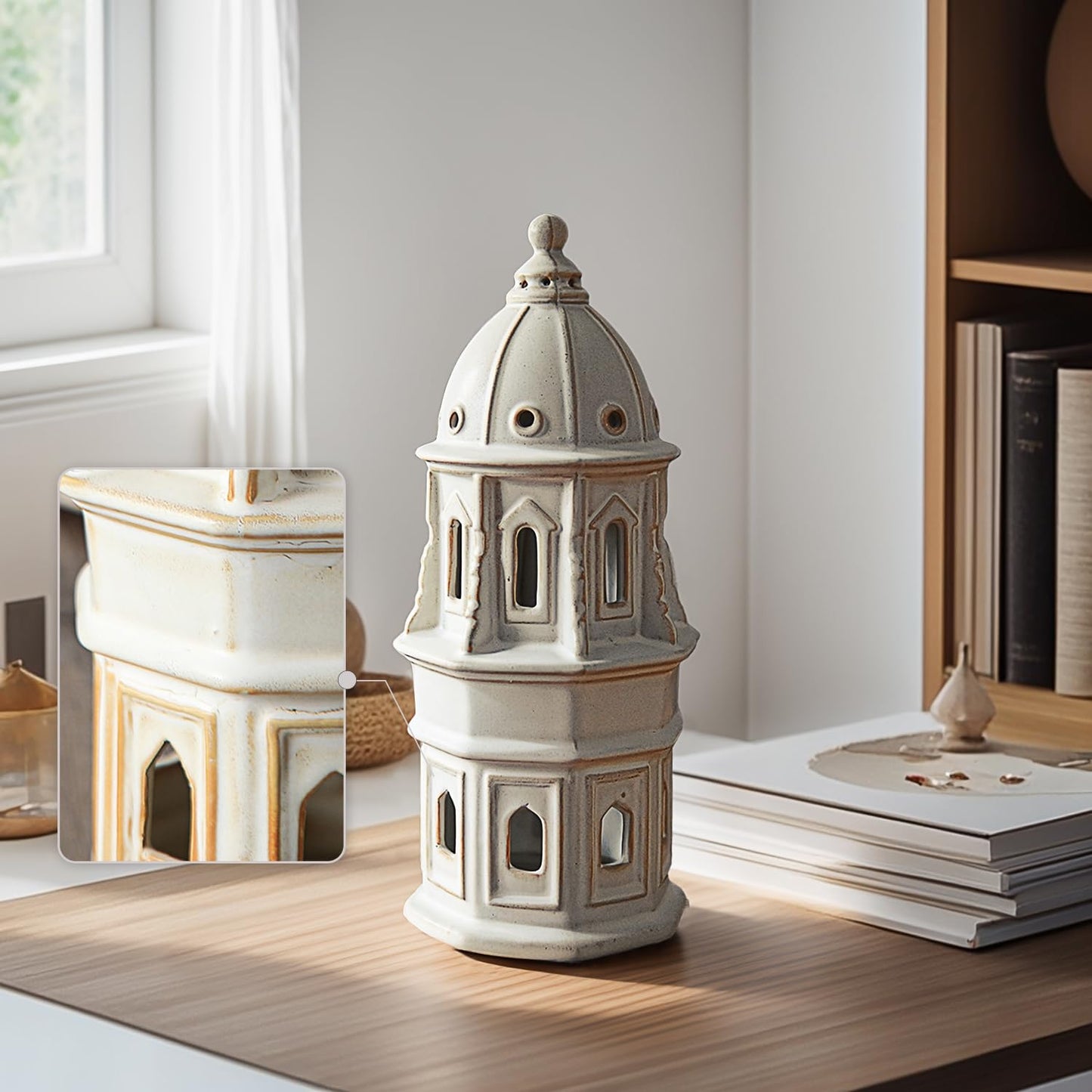 LIZOFER Ceramic Home Decoration 12.6 Inch Tall European Dome Tower for Living Room Bedroom Office Modern Farmhouse Antique Rustic Nordic Ornament Desktop Fireplace Centerpiece Decor