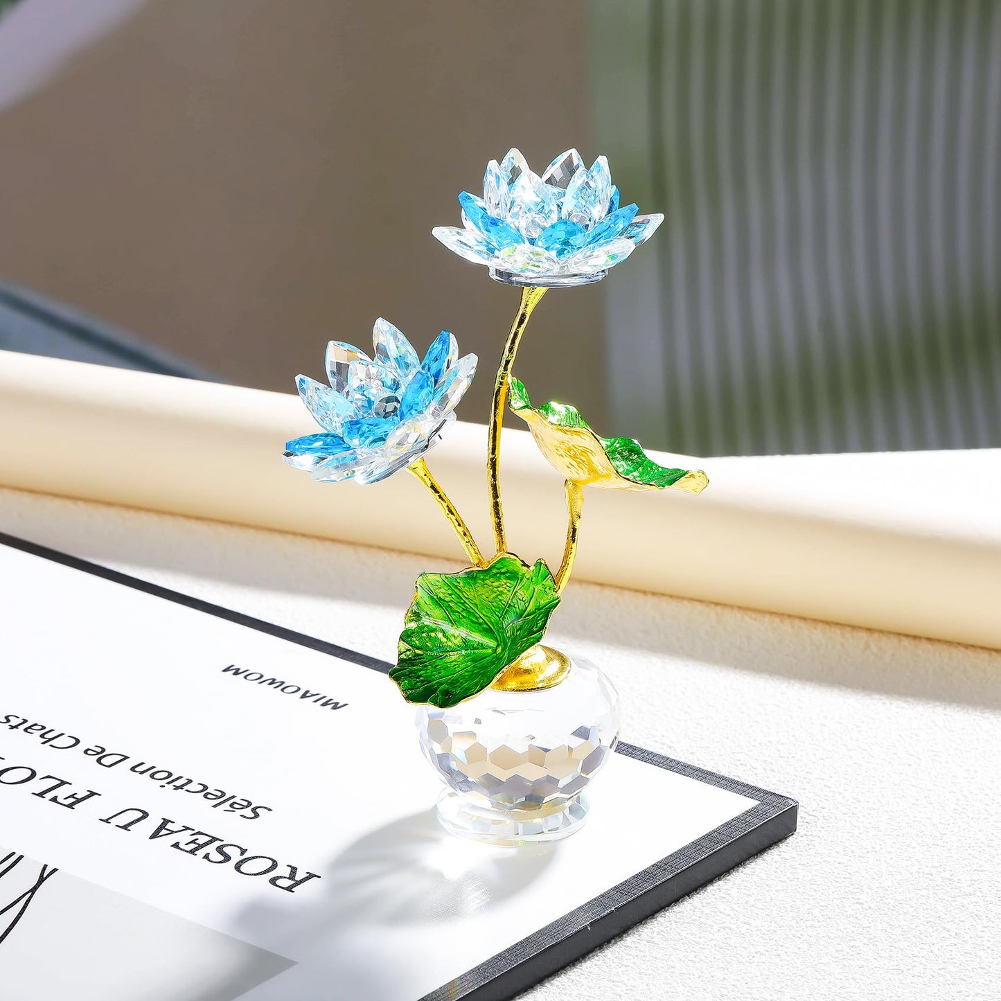 YWHL Blue Crystal Lotus Flower Figurine with Vase, Handmade Lotus Gifts Bouquet for Women on Birthday Christmas Mother's Day, Glass Lotus Flower Home Party Office Decor