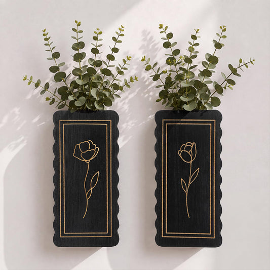 Ninehaoou 2 Pack Wooden Wall Planter Vase, Scalloped Farmhouse Wall Decor with Floral Line Art, Rustic Hanging Pockets for Faux Flowers, Living Room, Bathroom, Entryway(Black)