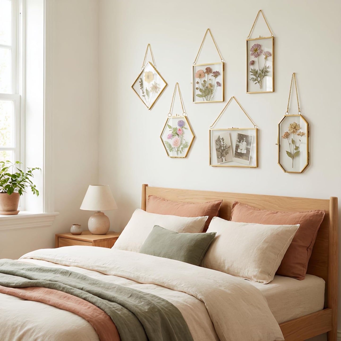 OINETRK 12 Pcs Brass Glass Frame for Pressed Flowers with Chain Clear Double Glass Floating Artwork Display Frame for Photo Gifts Wall Decor with Dried Plant Leaf, 6 Shapes