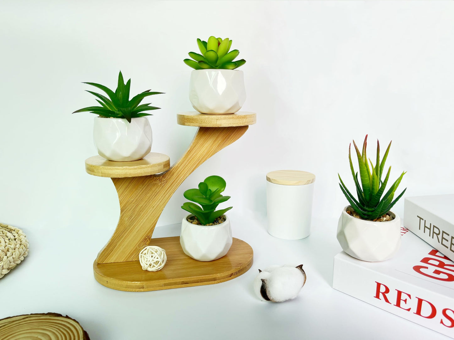 Succulents Artificial Plants Indoors in Mini White Ceramic Pots, Fake Succulents Outdoor, Aesthetic Green Succulents Decor Faux Desk Plant for Bathroom, Bedroom,Living Room,Office,Shelf (White)