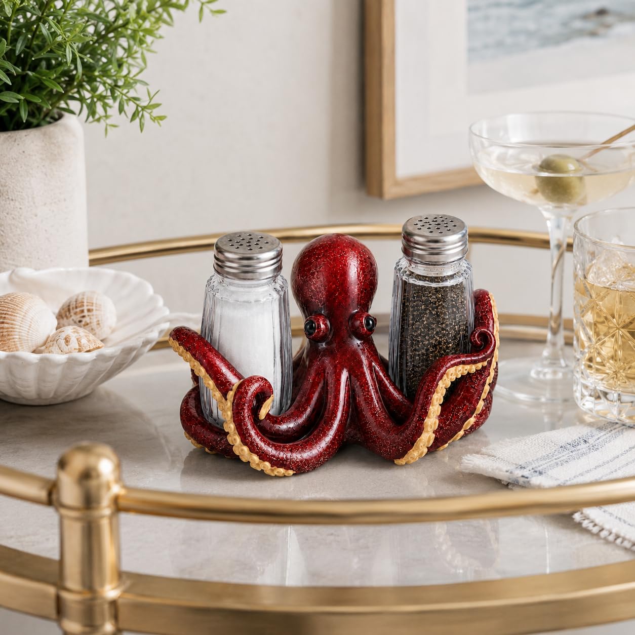 Comfy Hour 6" Red Octopus Salt and Pepper Shaker Duo (Empty Bottle Set Included), Decorative Coastal Ocean Figurine Holder for Kitchen Tabletop, Heavy Duty Resin Stone Texture, 1 Unit