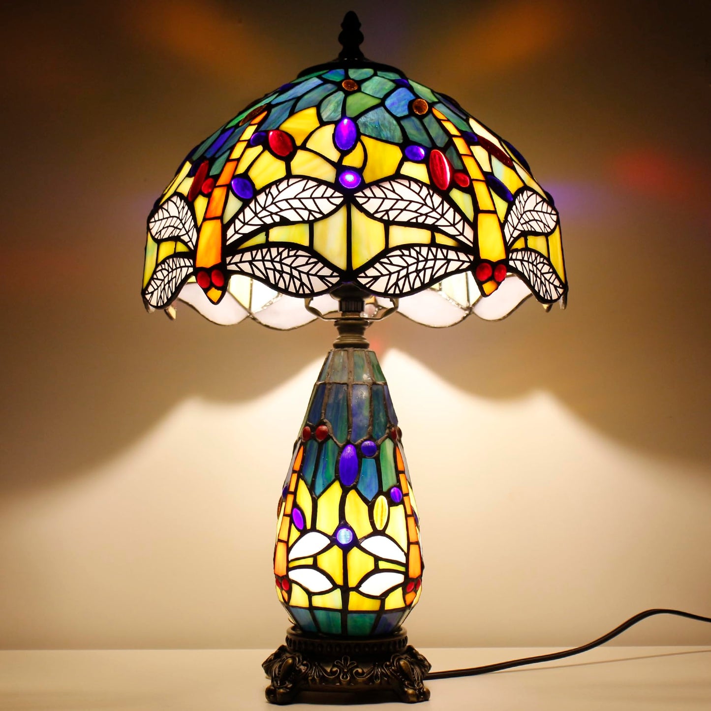 TCODTPOL Tiffany Stained Glass Table Lamp 12X19 Inches Blue Yellow