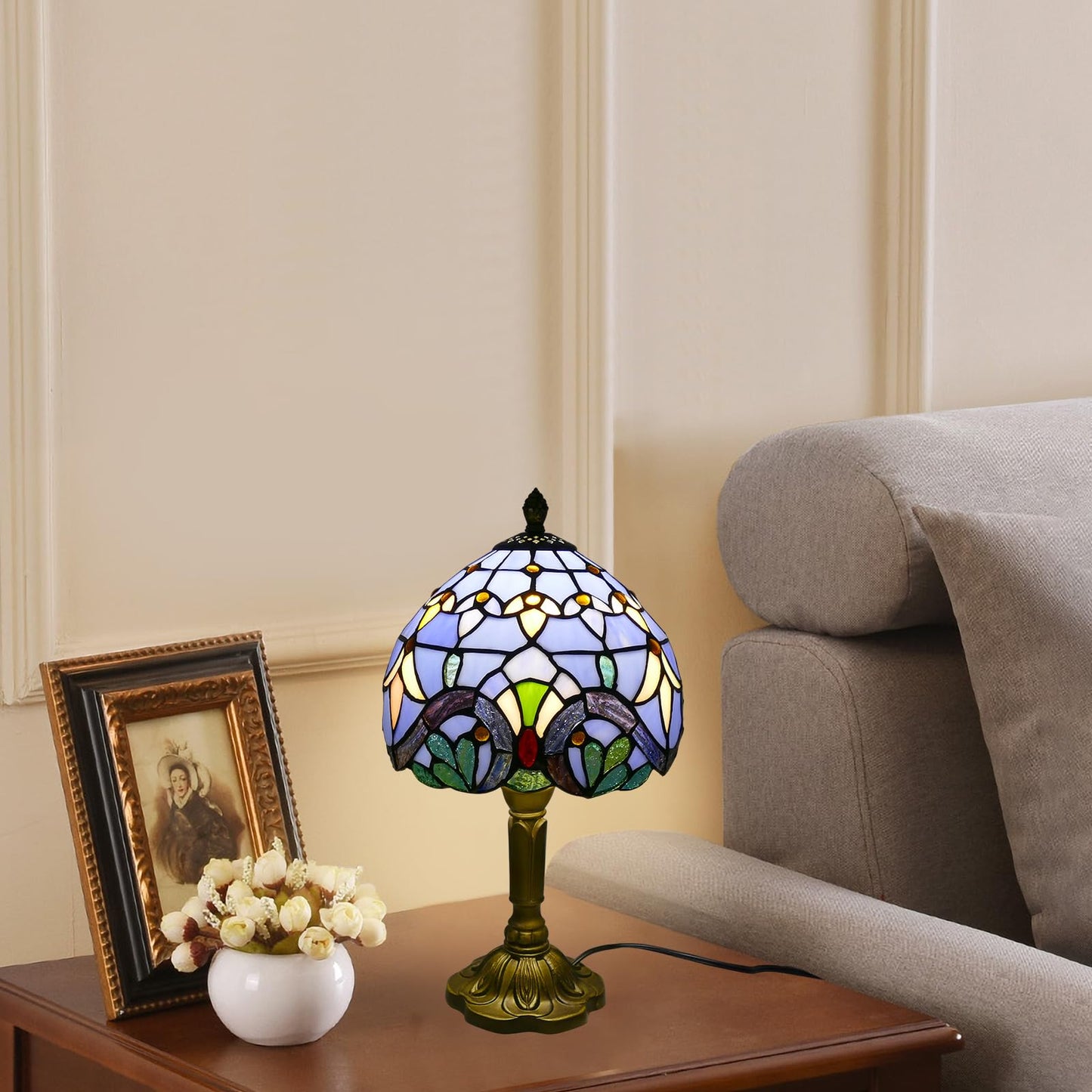VirtueKing Tiffany Table Lamp Blue Baroque Handmade Stained Glass Desk Lamps 8" Wide 15" Tall Vintage Reading Lamp for Office, Living Room, Bedroom, LED Bulb Included