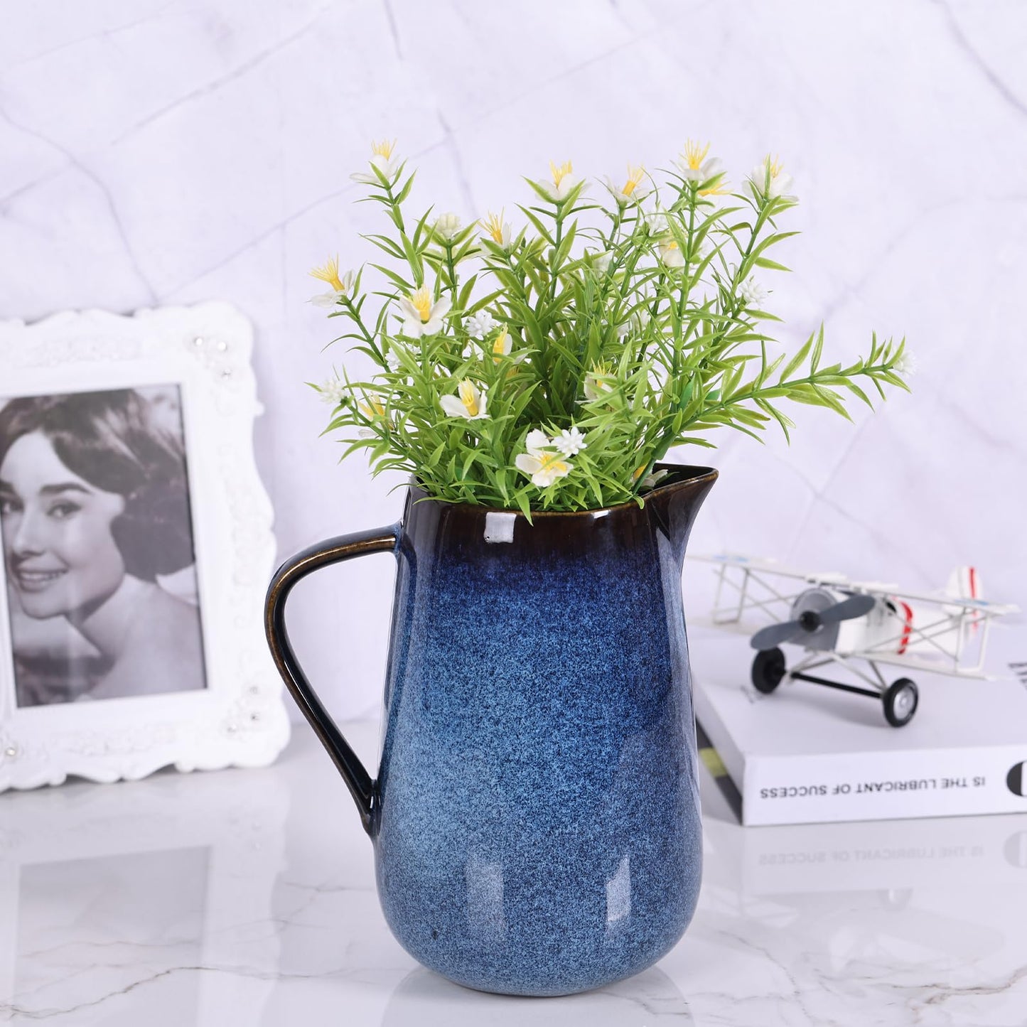 Blue Ceramic Pitcher Vase, Water Pitchers with Handle,For Modern Rustic Farmhouse Vase Home Decor,Cute Small Ceramic Vases,Entrance Decoration and Centerpieces for Dining Table Decor (Blue)