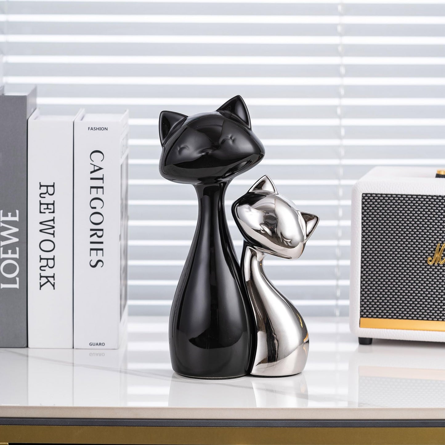 SURE YUESI Ceramic Cat Statue Set of 2, Black & Silver Cute Cat Figurines, Desk & Shelf Decor for Cat Lovers, Office Home Decor, Lucky Cat Memorial Gift for Women
