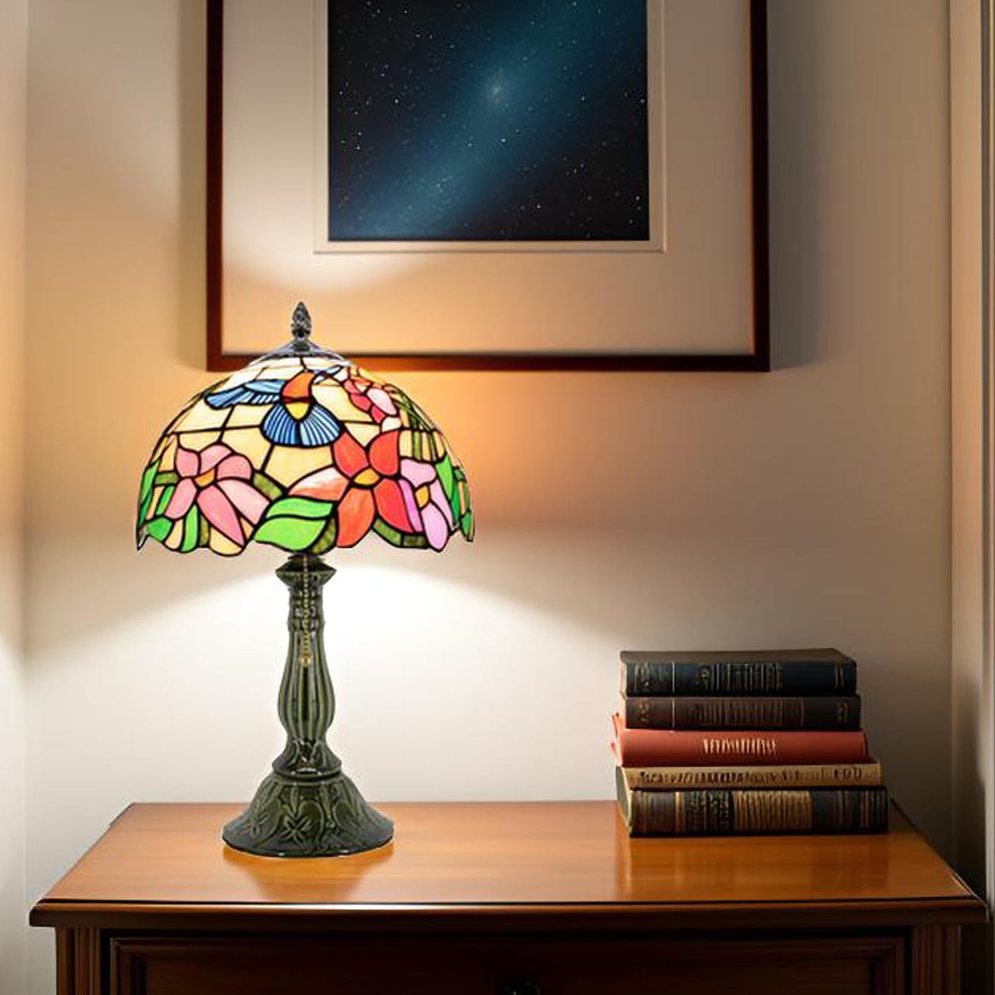 MQYXH Tiffany Style Stained Glass Table Lamp 18.5 Inch - Blue Hummingbird