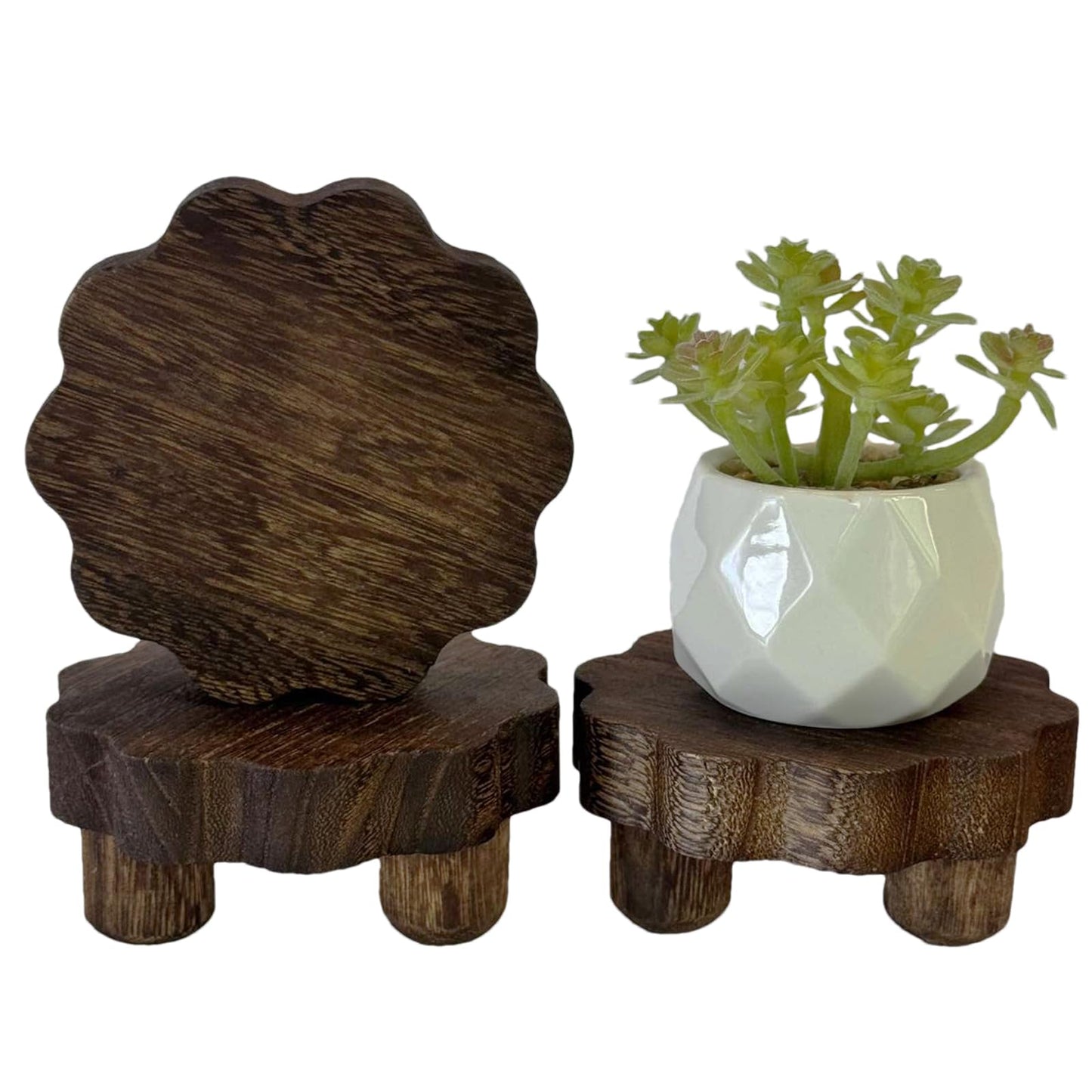 DEMULANS 3 Pack Tiny Scalloped Wood Risers for Display ,Small Wooden Stands with Removable Feet Farmhouse Rustic Decor for Table Tiered Trays Home Kitchen Decoration (Mini Dark Brown, 4 Inch)
