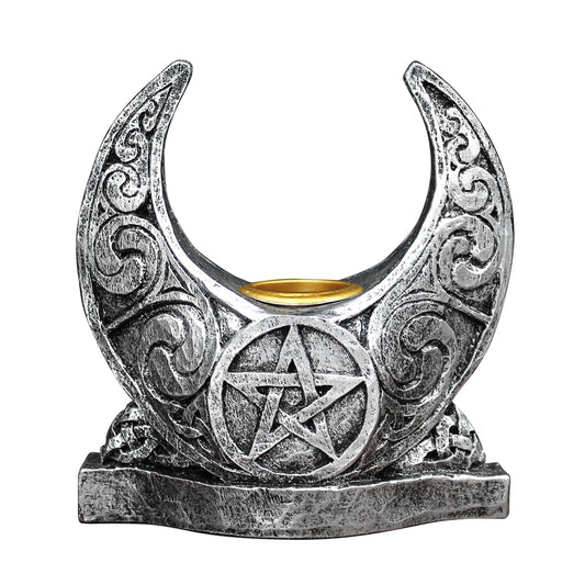 Crescent Moon Candle Holder - Pentacle Wiccan Pagan Home Altar Decor - Silver Finish Moon and Pentagram Design