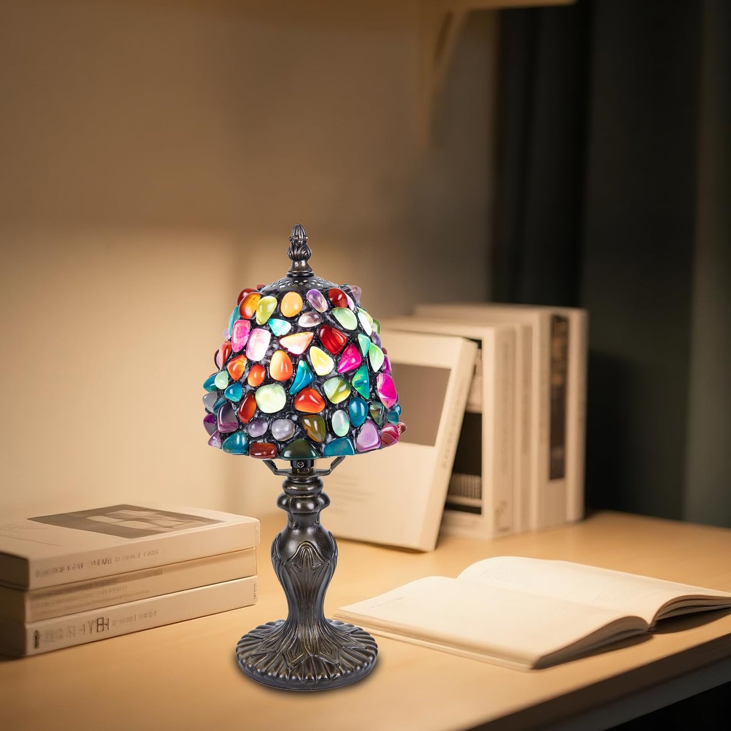 Nizrsky Small Tiffany Table Lamp, 3 Color-Temperature Agate Amber Stained Glass Lamp,6 Inch Tiffany Style Lamp for Bedroom Living Room Home, Handcrafted Light, Included Bulb