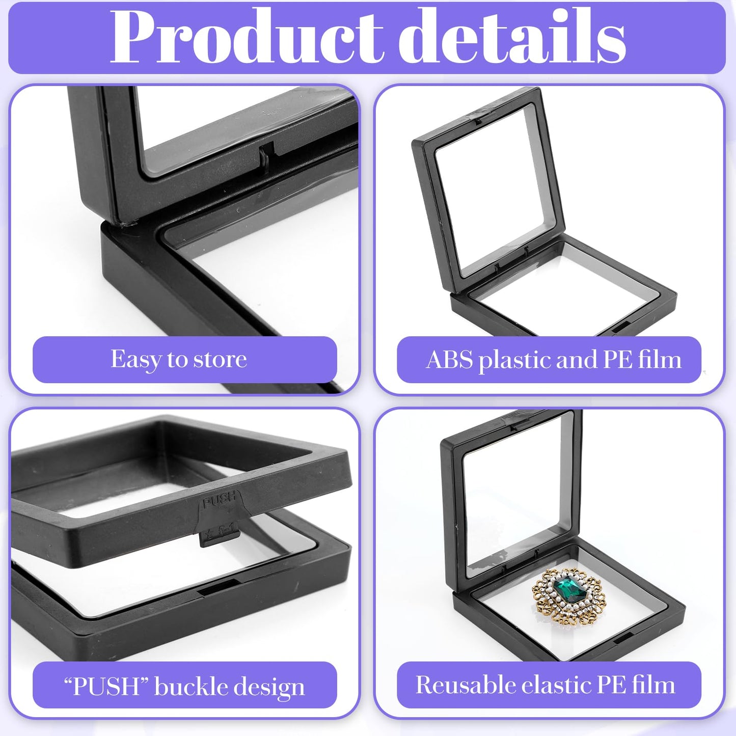 Kegeeei 30 Pack 3D Floating Display Case, Multi-Size Floating Frame Display Stand Holder With Base, Transparent PE Jewelry Storage Box For Challenge Coin, Medal, and Specimen Collection, Black