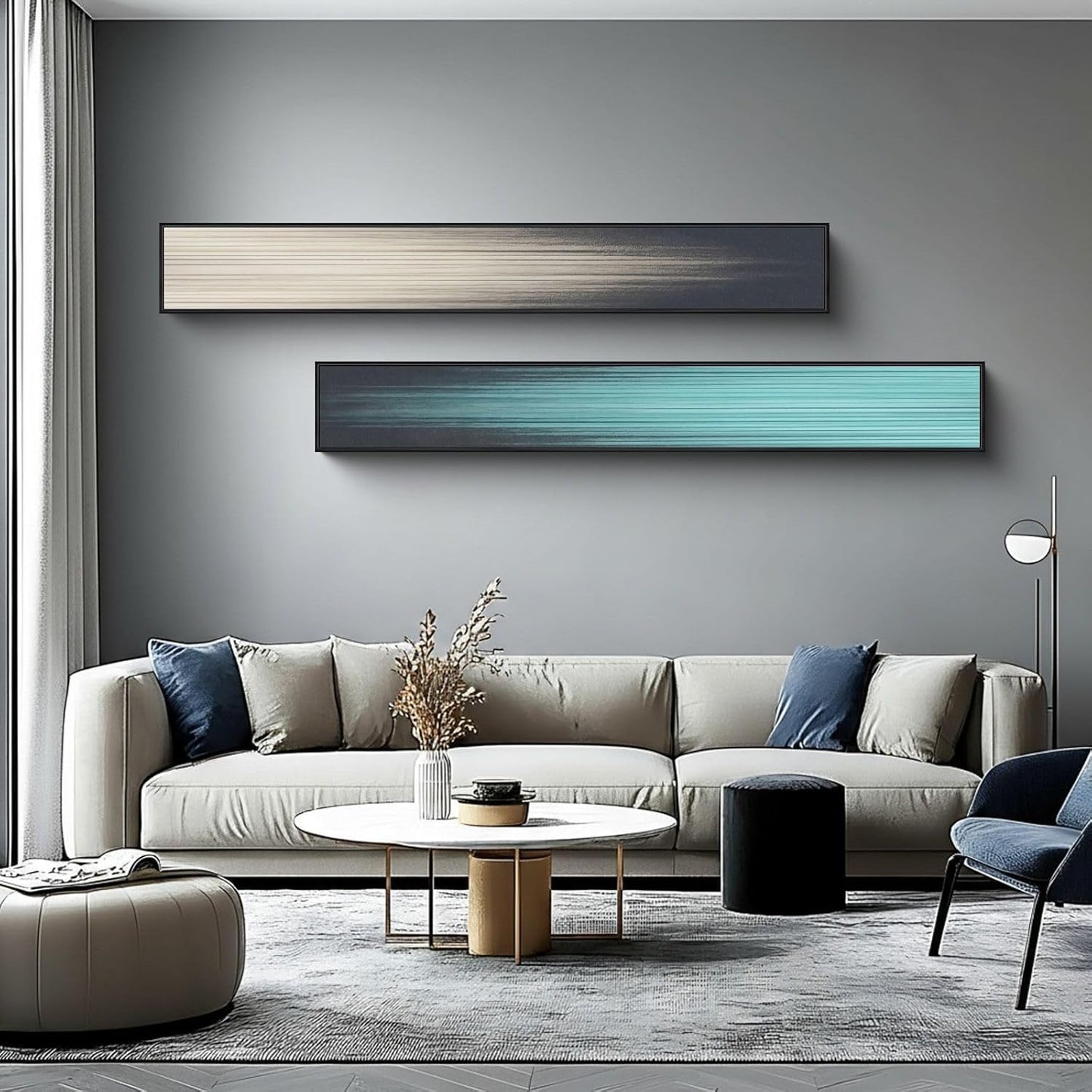 Large Framed Long Narrow Vertical Abstract Wall Art Set of 2, Premium Crystal Porcelain Canvas Prints, Teal Beige Modern Design - Perfect for Entryway, Hallway, Living Room, Bedroom - 10x63 inch