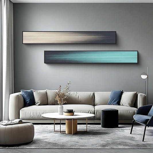 Large Framed Long Narrow Vertical Abstract Wall Art Set of 2, Premium Crystal Porcelain Canvas Prints, Teal Beige Modern Design - Perfect for Entryway, Hallway, Living Room, Bedroom - 10x63 inch