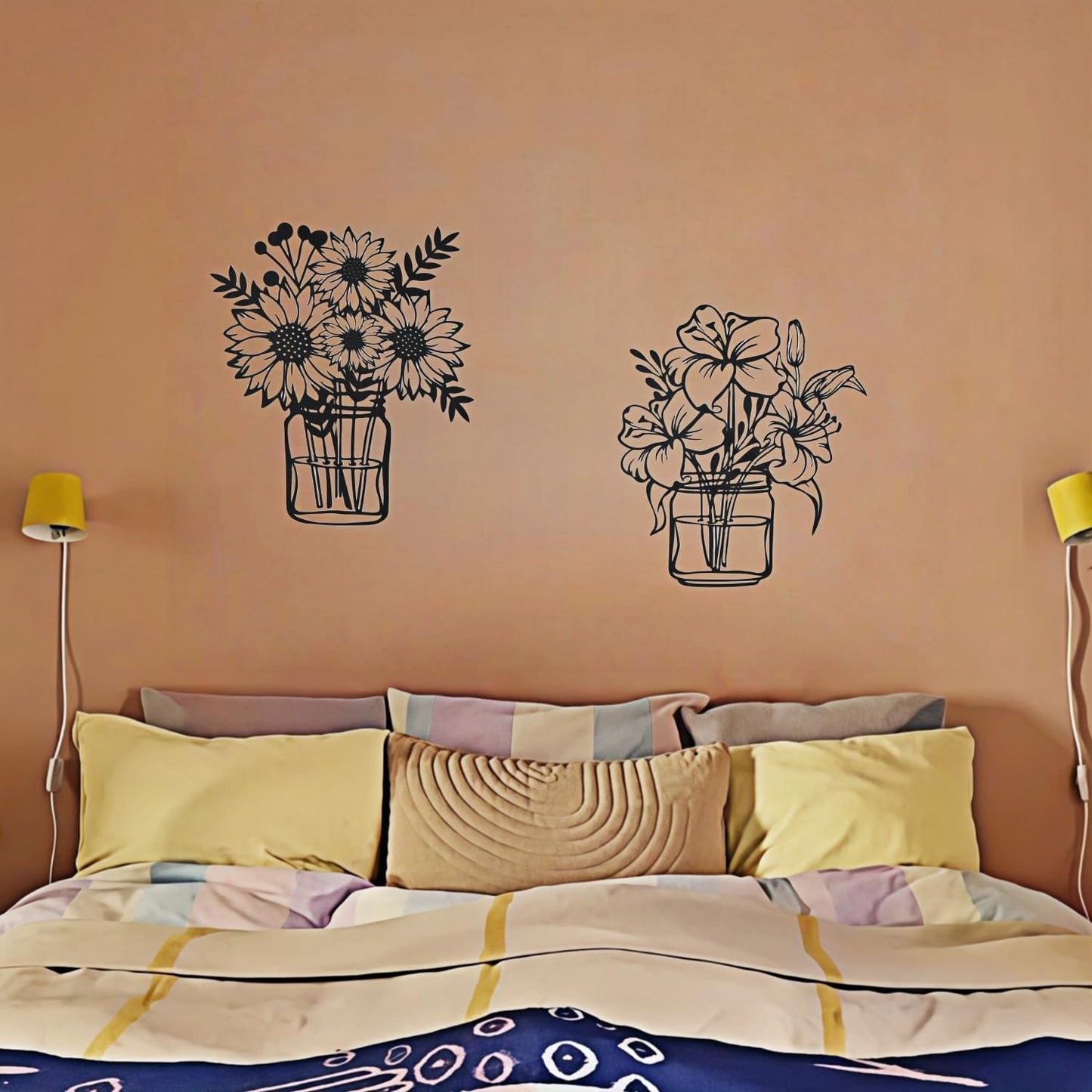 NOOYAA 2 piece of black wall decor， minimalist metal line flowers，kitchen and modern Farmhouse wall decor, indoor living room, bedroom,bathroom,children's room walls 12 * 10.4 inch